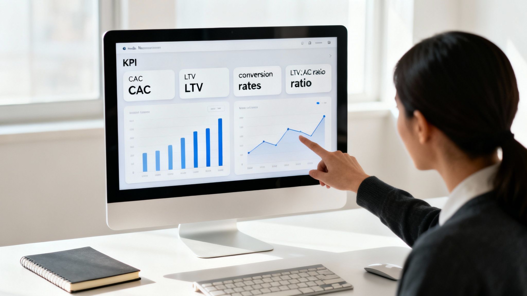 A person points at a computer monitor displaying a KPI dashboard with various business metrics and charts.
