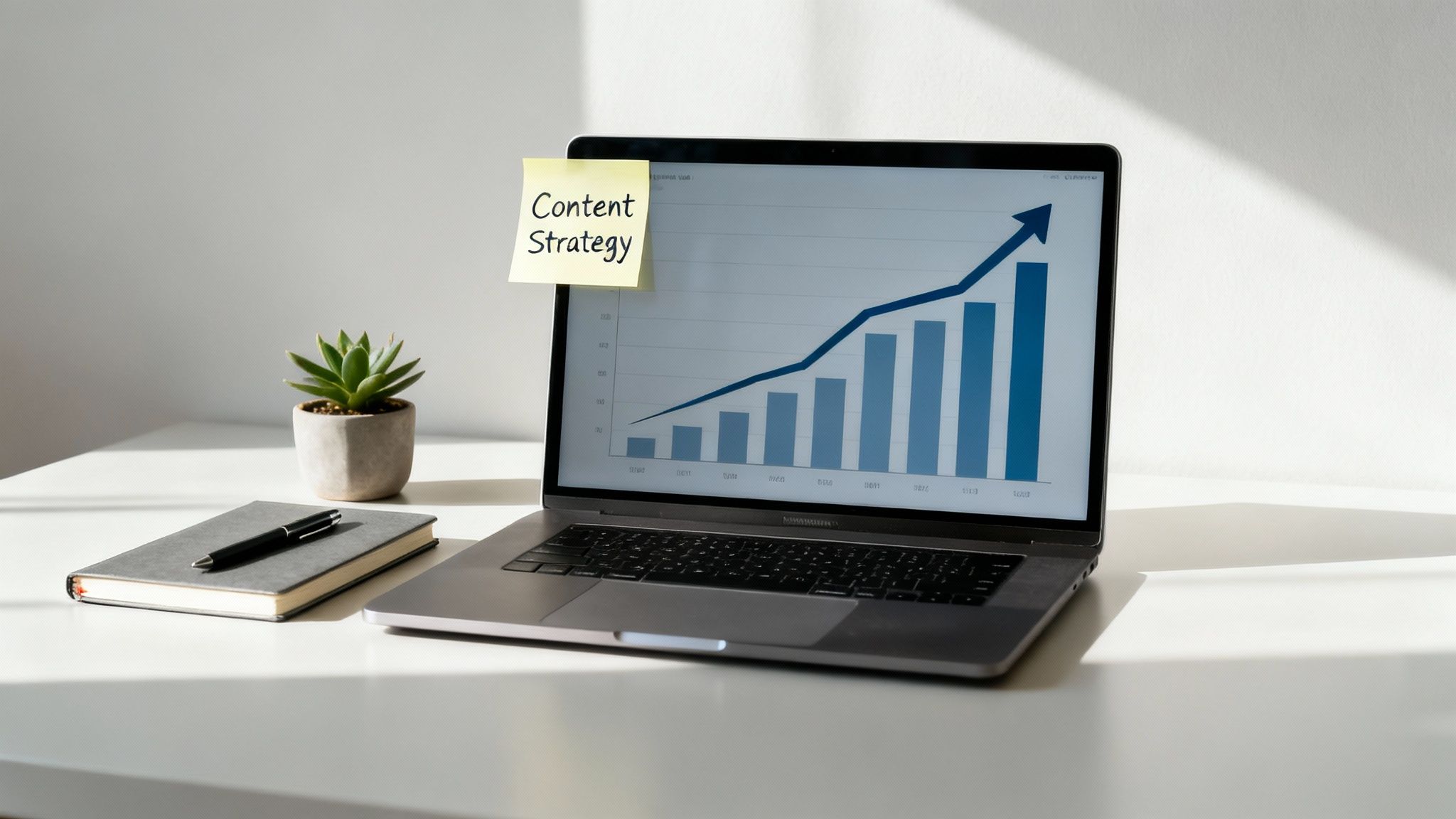 A laptop displays a growth chart with a 'Content Strategy' sticky note, next to a plant and notebook.