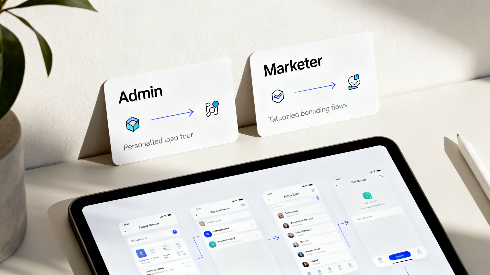 Two cards for Admin and Marketer, along with a tablet displaying an app onboarding flow.