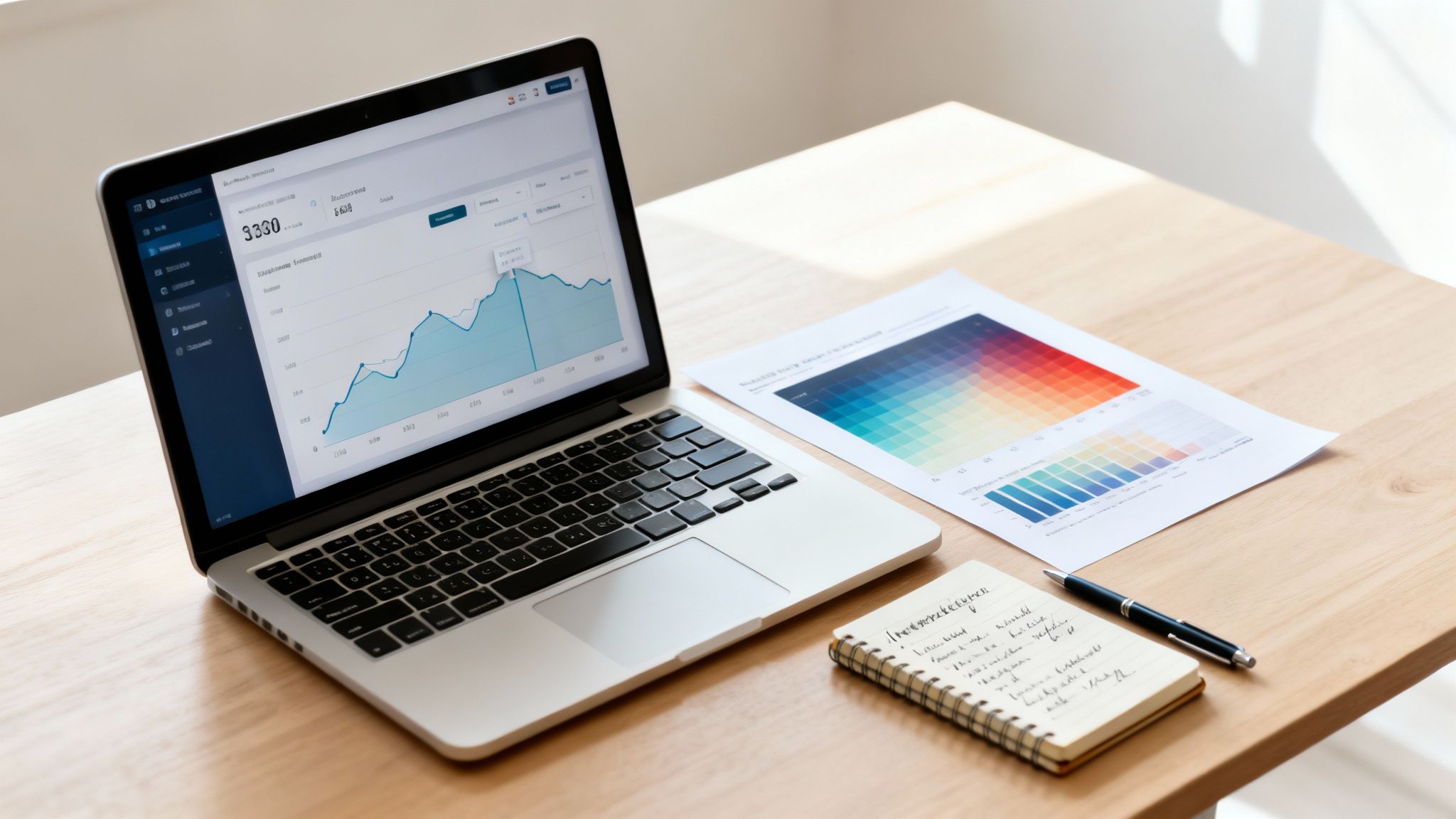 A laptop displaying a blue line graph, a color palette chart, a spiral notebook, and a pen on a light wooden desk.