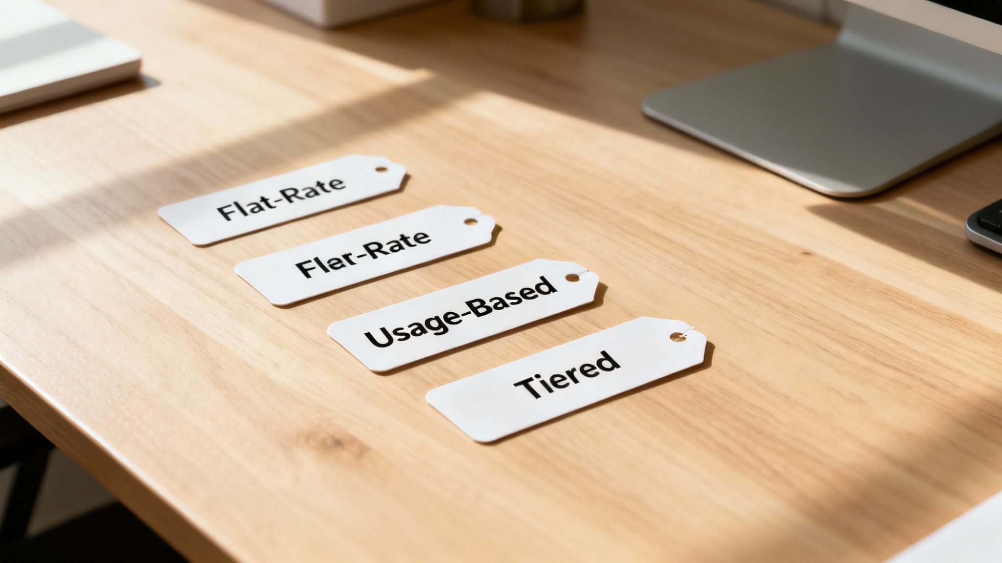 A person at a crossroads, looking at signs pointing to different pricing models like 'Usage-Based', 'Tiered', and 'Flat-Rate'.