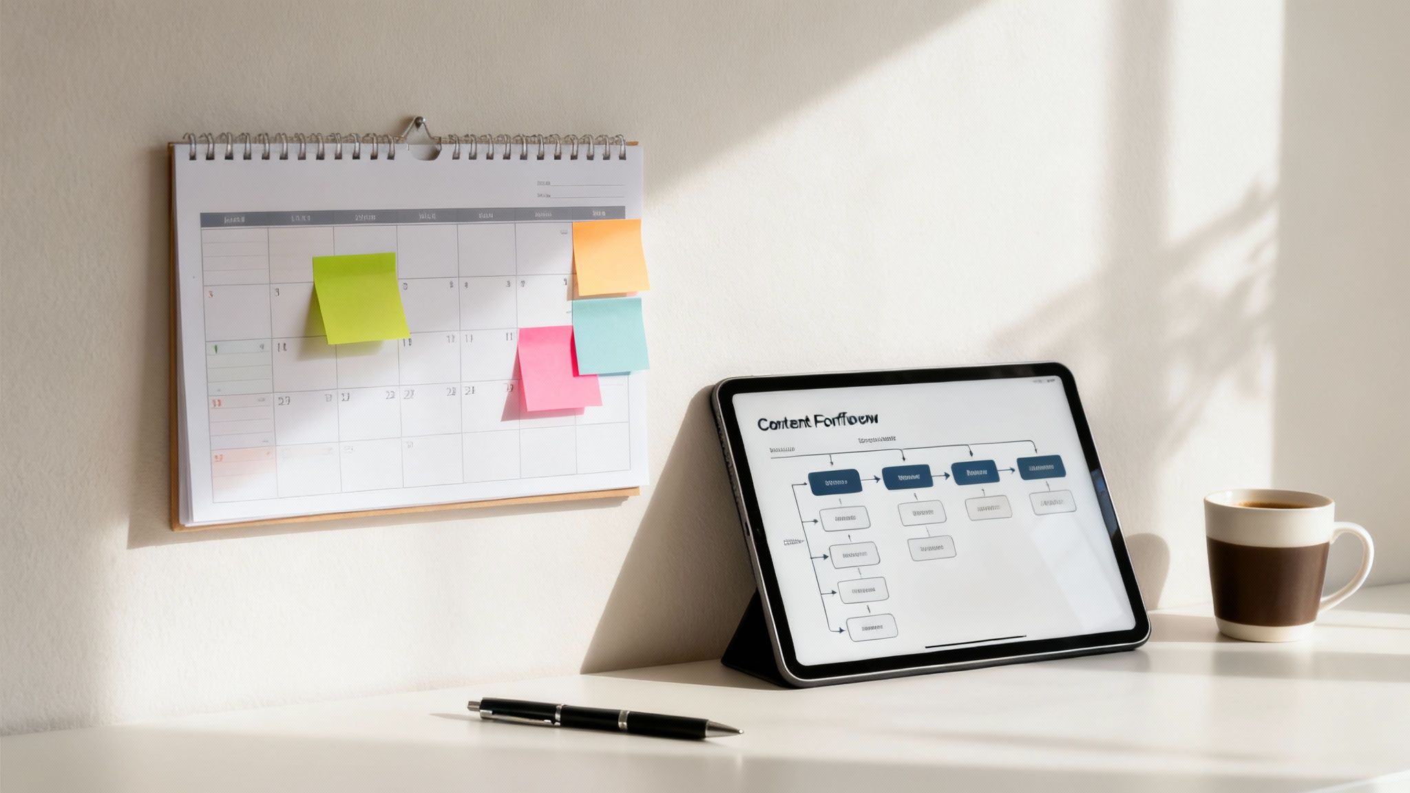 A desk with a calendar, tablet displaying a content strategy flowchart, pen, and coffee mug.