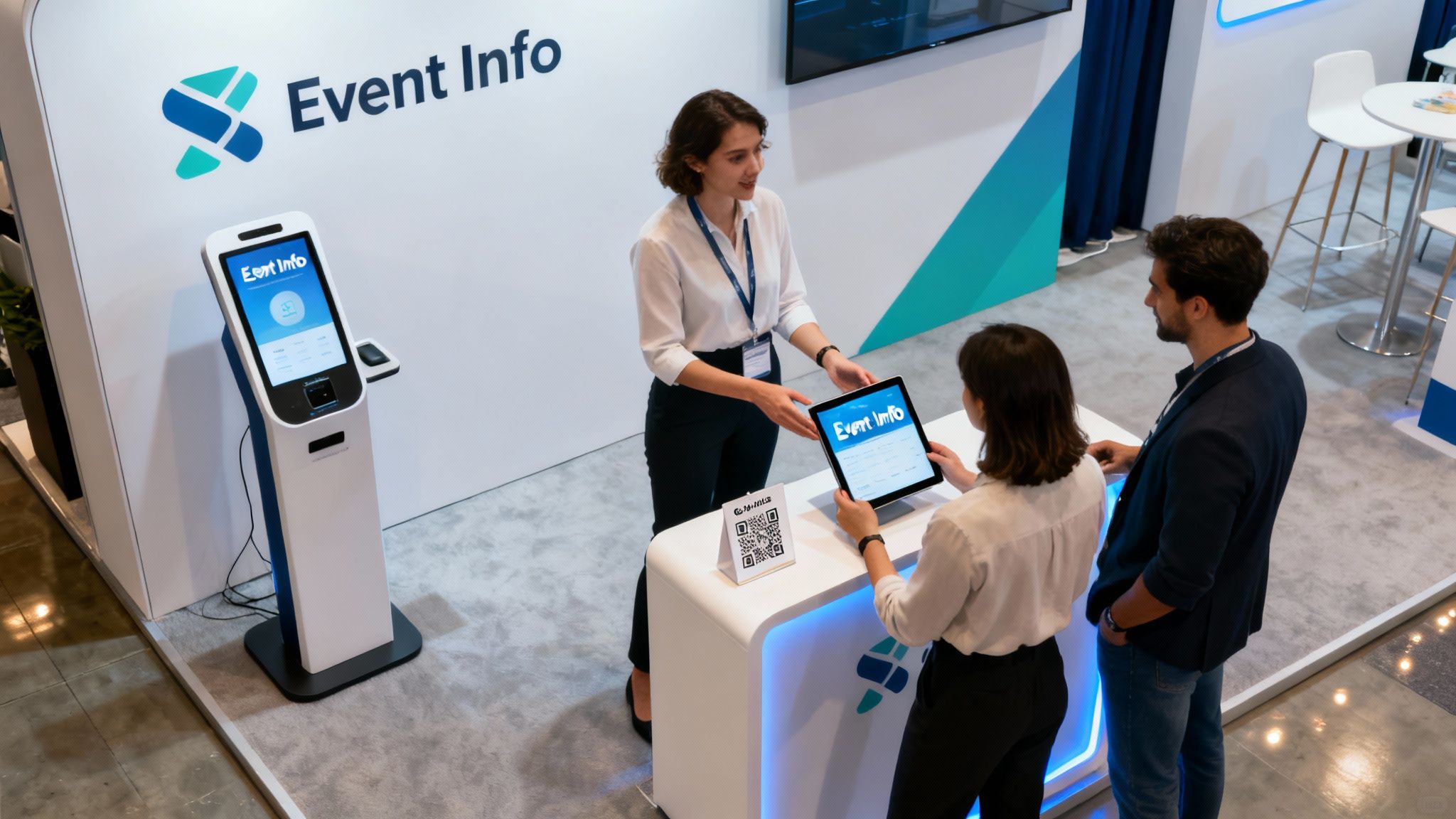 Event staff helping attendees at a modern event information booth with a self-service kiosk.