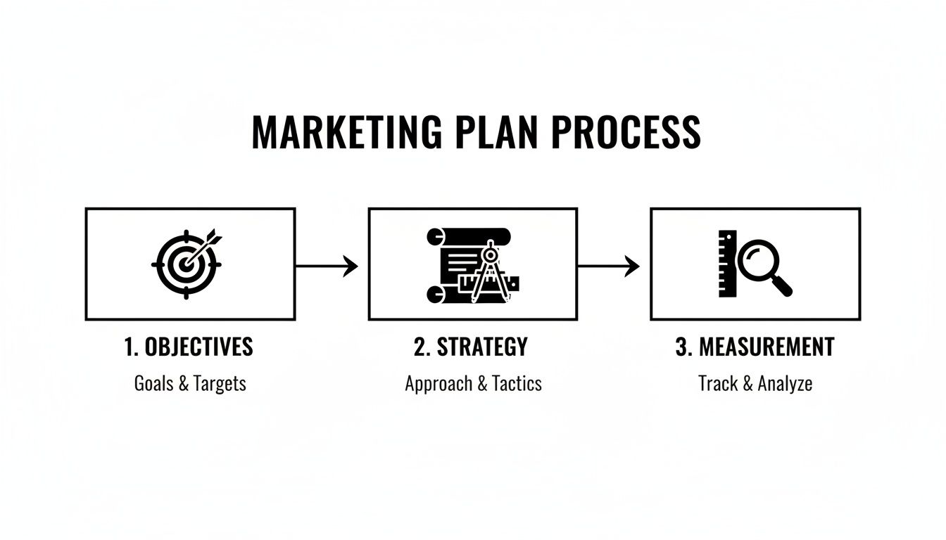 Flowchart illustrating the marketing plan process with objectives, strategy, and measurement steps.