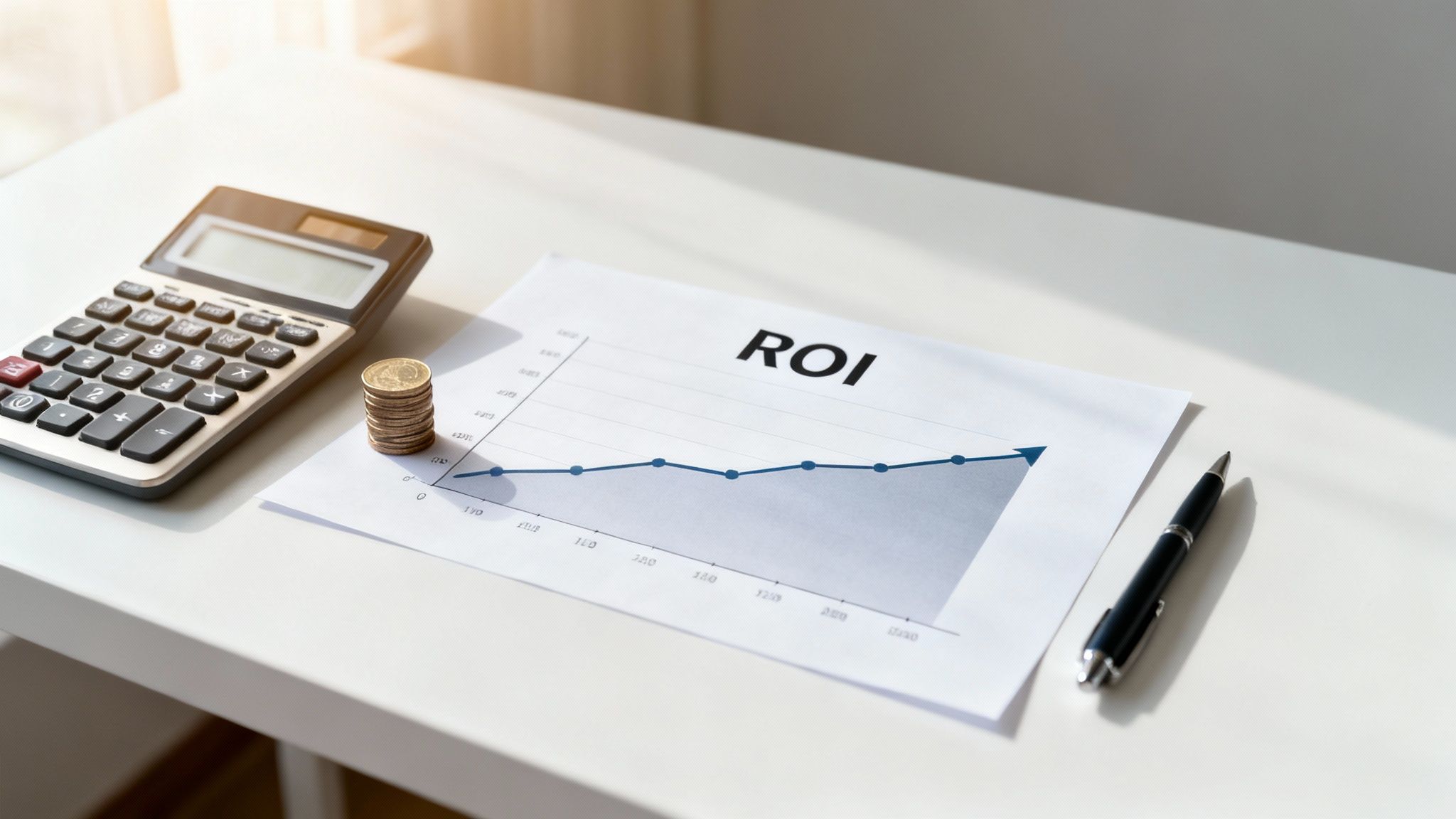 A calculator, stacked coins, and a paper with an 'ROI' graph showing an upward trend, next to a pen on a white desk.