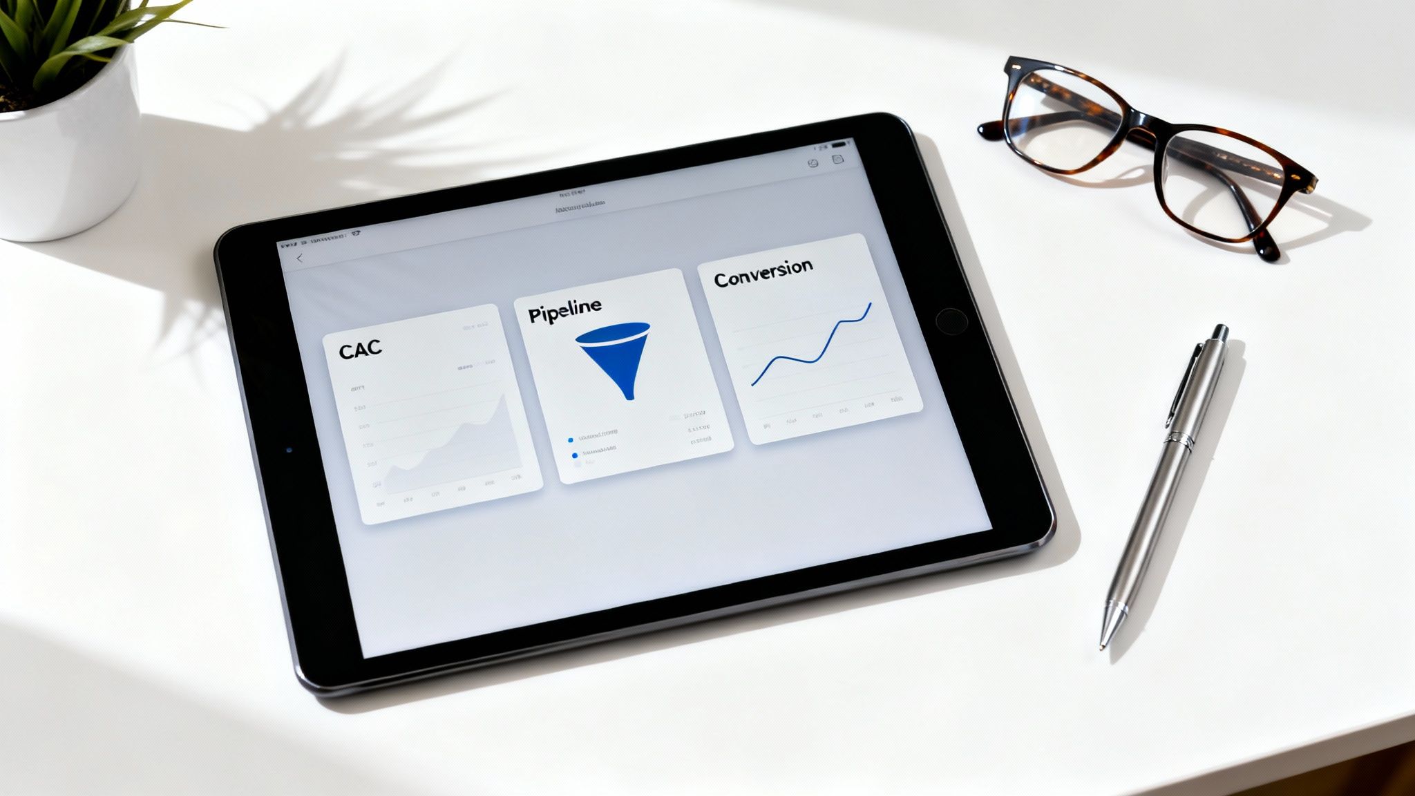 A black tablet displays digital marketing dashboards for CAC, Pipeline, and Conversion on a white desk with glasses and a pen.