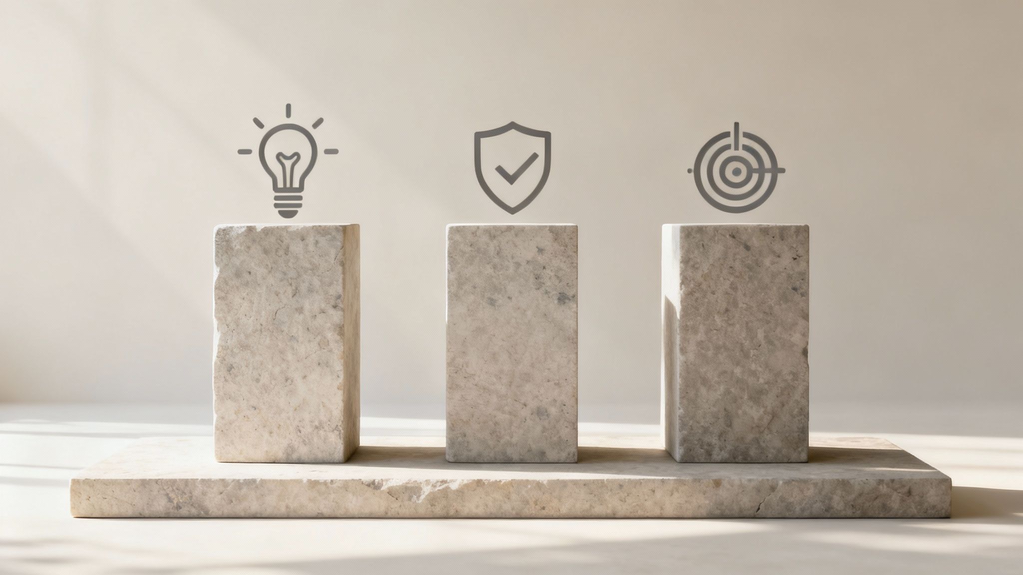 Three stone pedestals with icons: lightbulb, shield with checkmark, and target, representing strategy concepts.