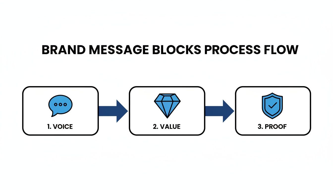 A brand message blocks process flow diagram illustrating voice, value, and proof stages.