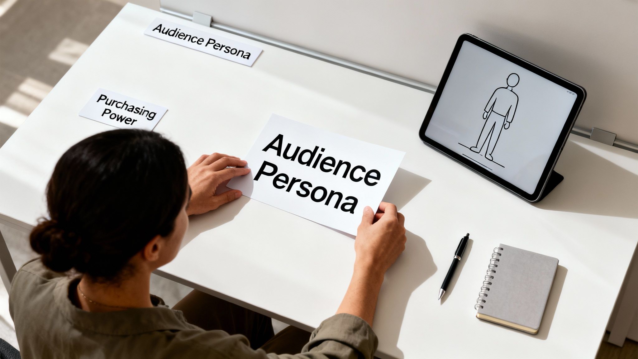 A person works on marketing strategy, analyzing 'Audience Persona' and 'Purchasing Power' documents with a tablet.