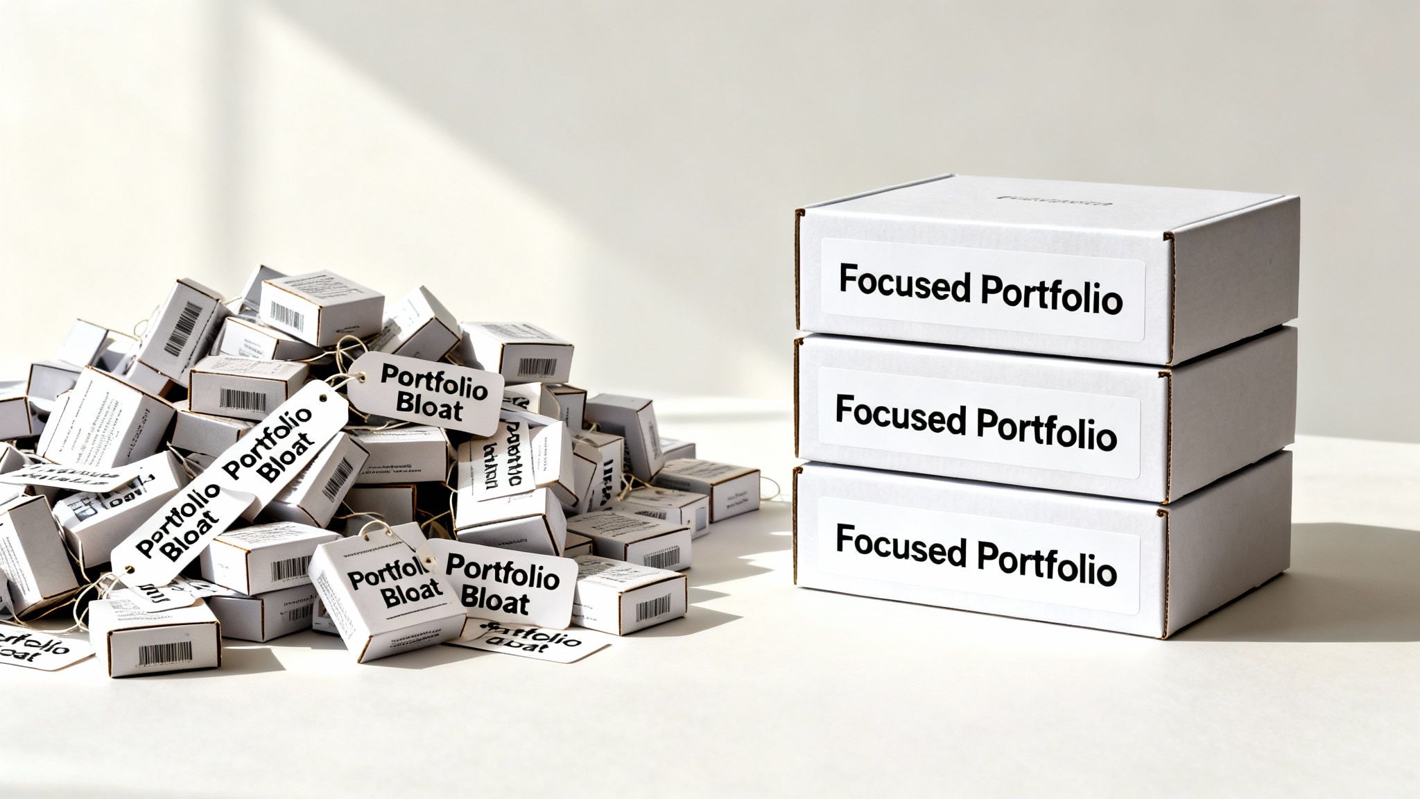 A large pile of small boxes labeled 'Portfolio Bloat' contrasted with a stack of three 'Focused Portfolio' boxes.