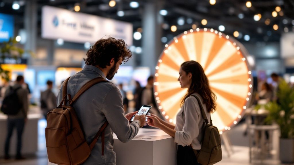 A team of marketing professionals analyzing data on a large screen post-event.