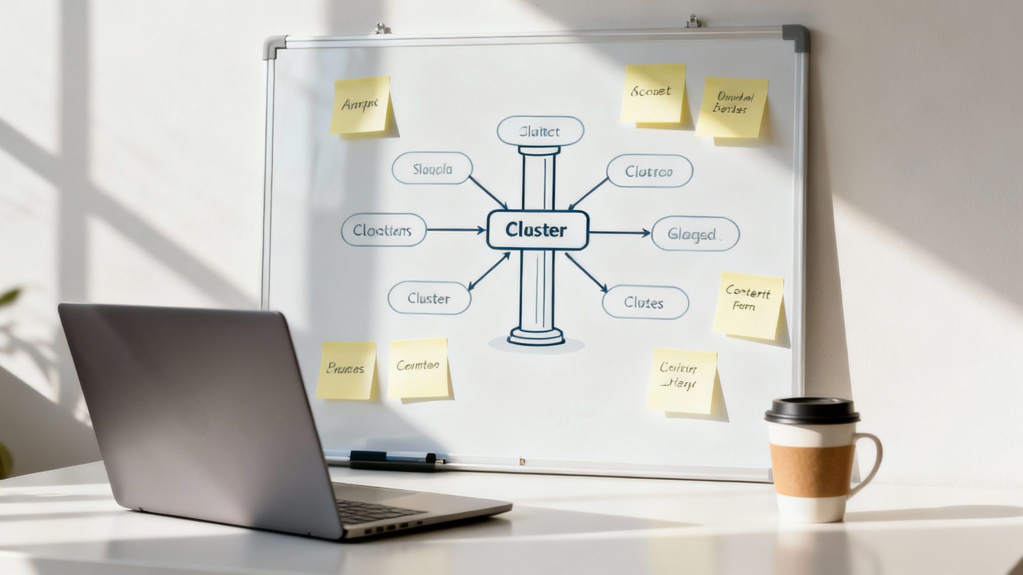 Whiteboard displaying cluster diagram with connected nodes, yellow sticky notes, and laptop on modern desk