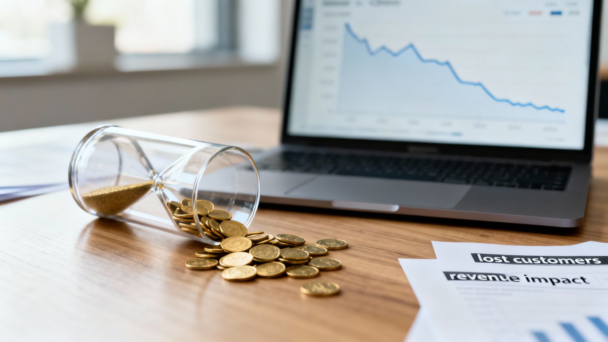 An hourglass spilling gold coins next to a laptop displaying a negative financial graph, and documents on customer churn and revenue impact.