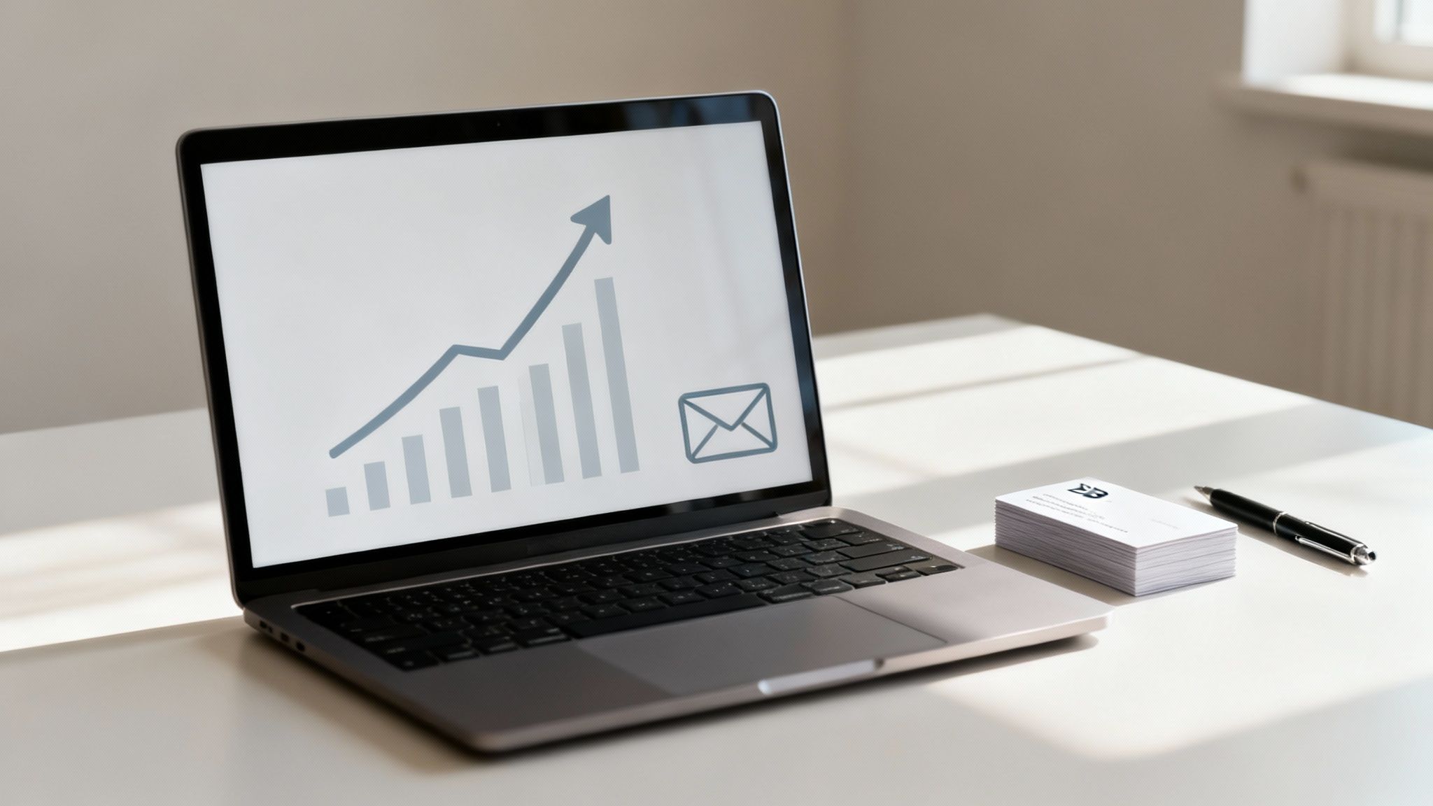 A laptop on a white desk shows a growth chart and email icon, with business cards and a pen.