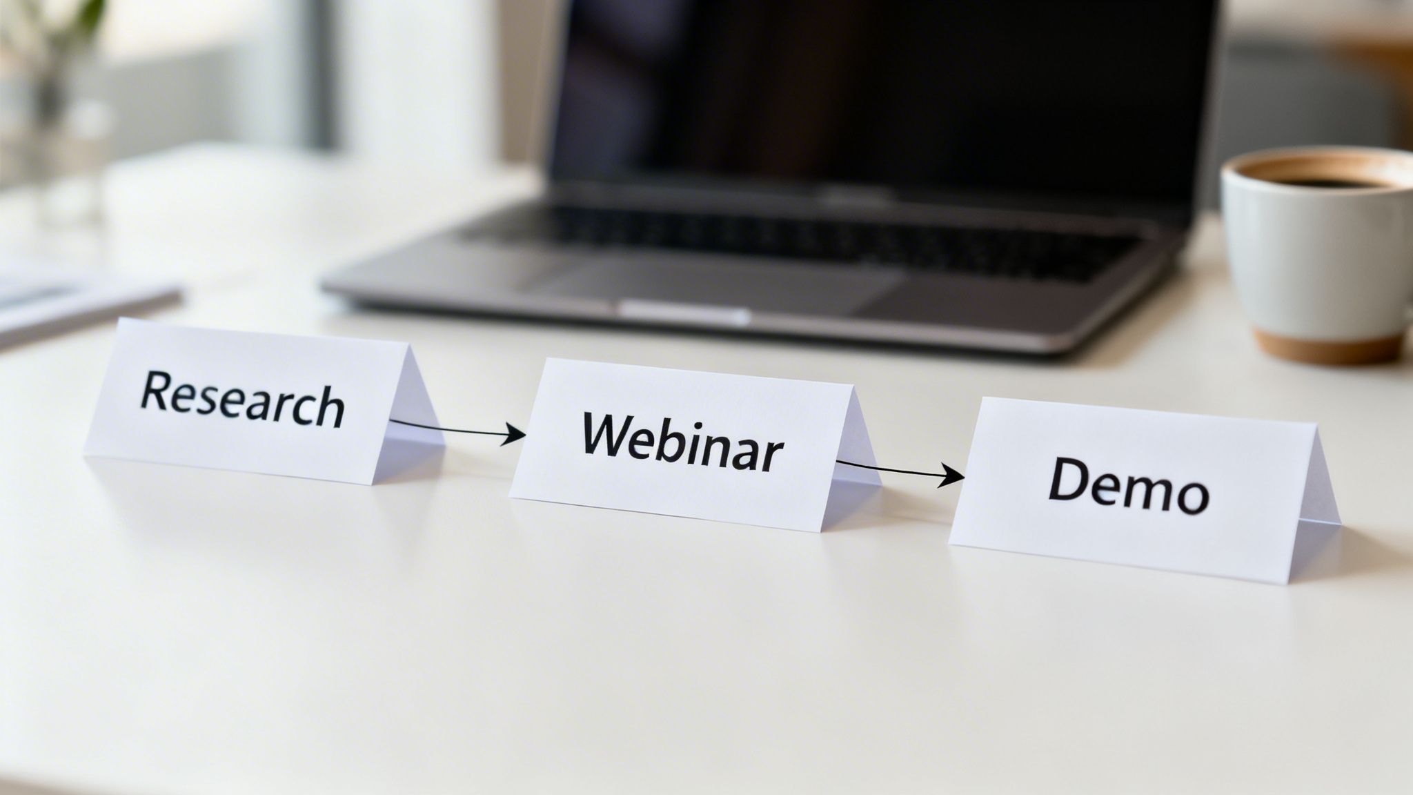 Three paper tents labeled Research, Webinar, and Demo, connected by arrows on a desk.