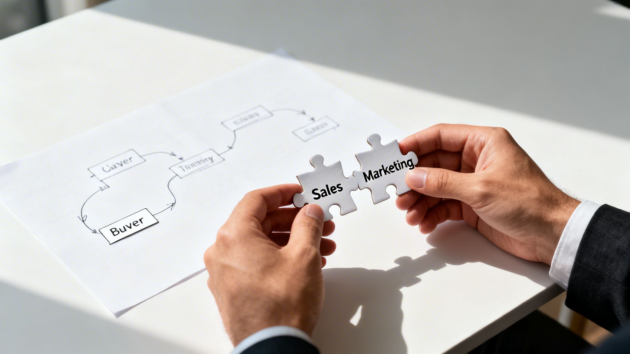 Hands holding interconnected puzzle pieces labeled 'Sales' and 'Marketing' over a business process diagram.