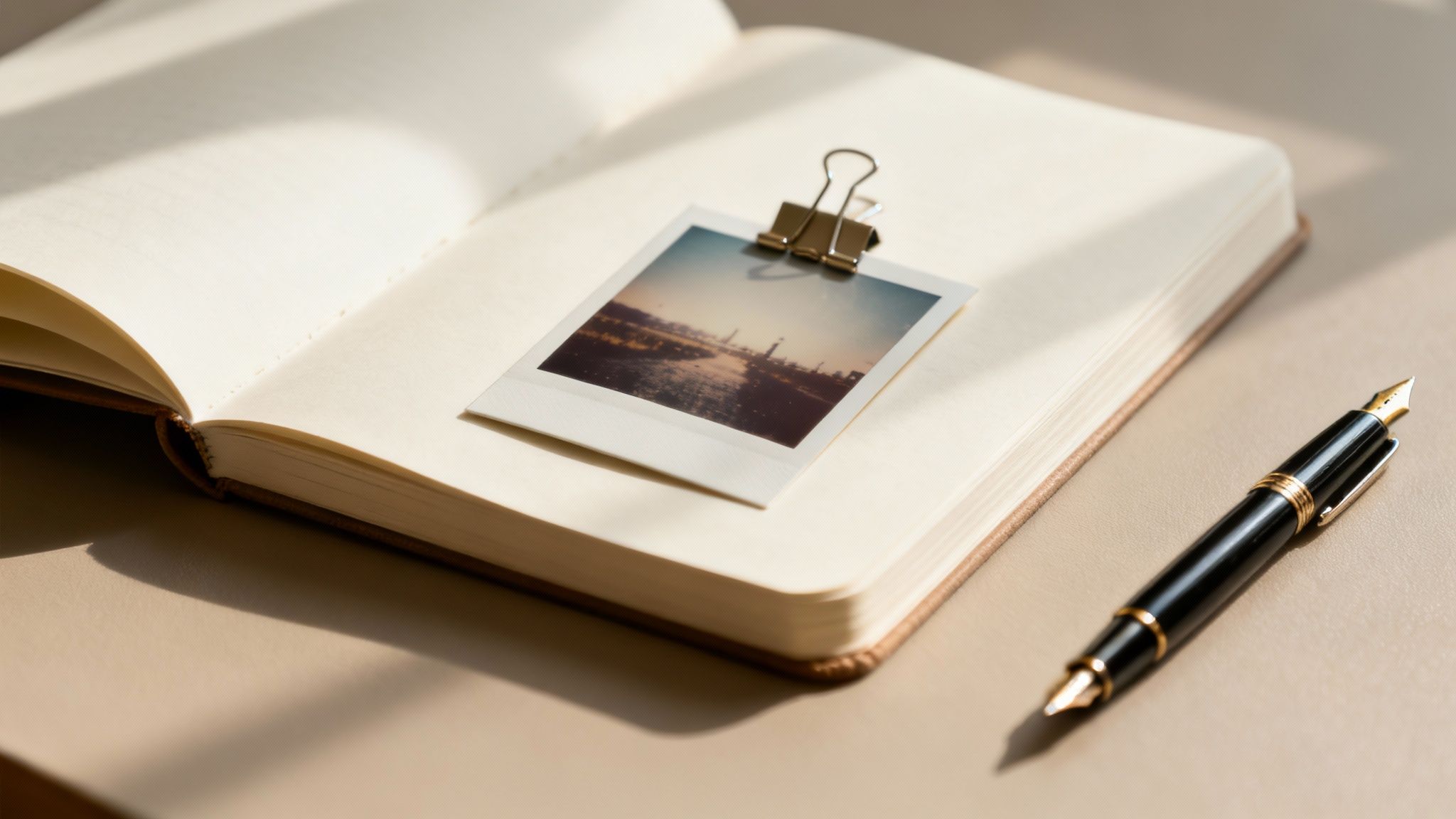 An open notebook with a polaroid photo clipped to a page, next to a fountain pen on a desk.