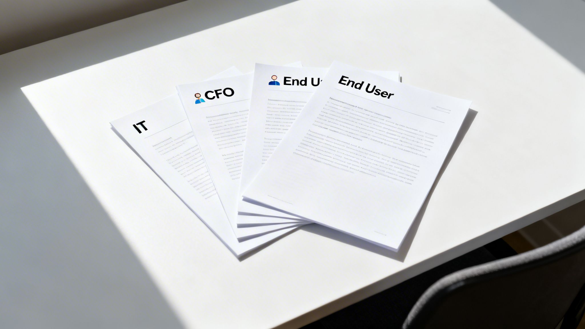 Documents titled 'IT', 'CFO', and 'End User' stacked on a white desk in sunlight.