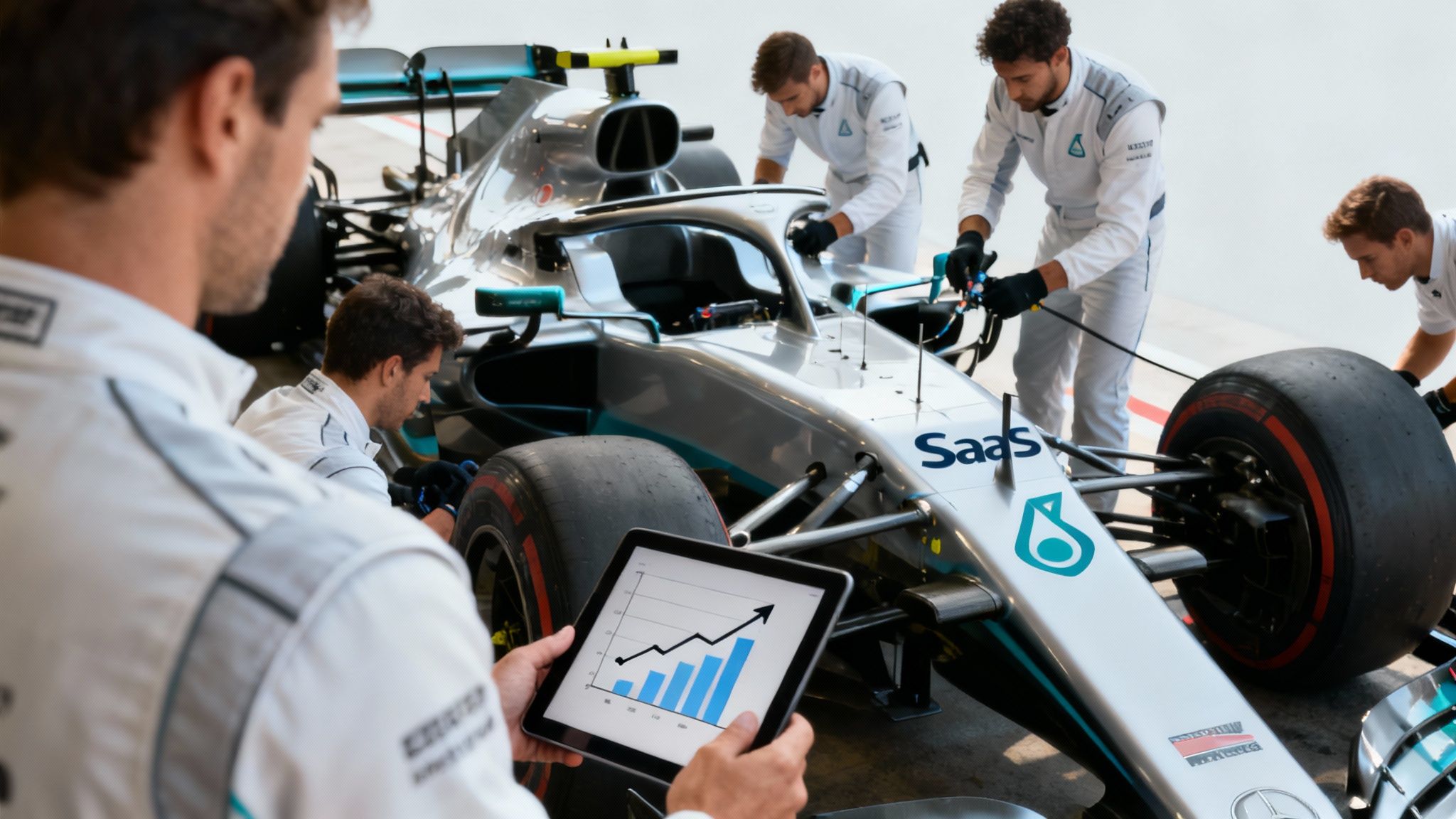 Racing team engineers analyzing performance data on tablet while working on formula one car