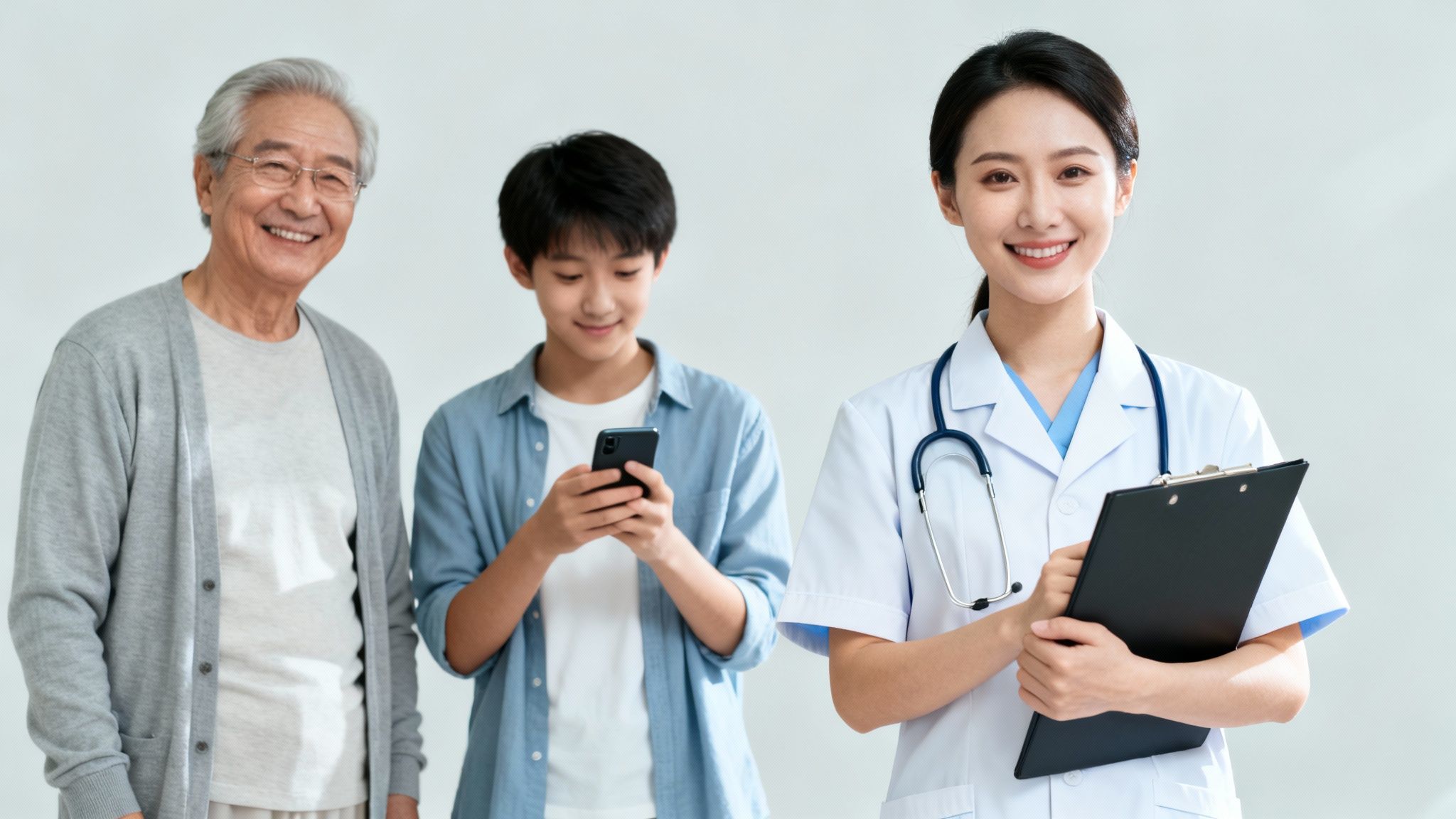 A smiling senior man, a young man on phone, and a cheerful female doctor holding a clipboard.