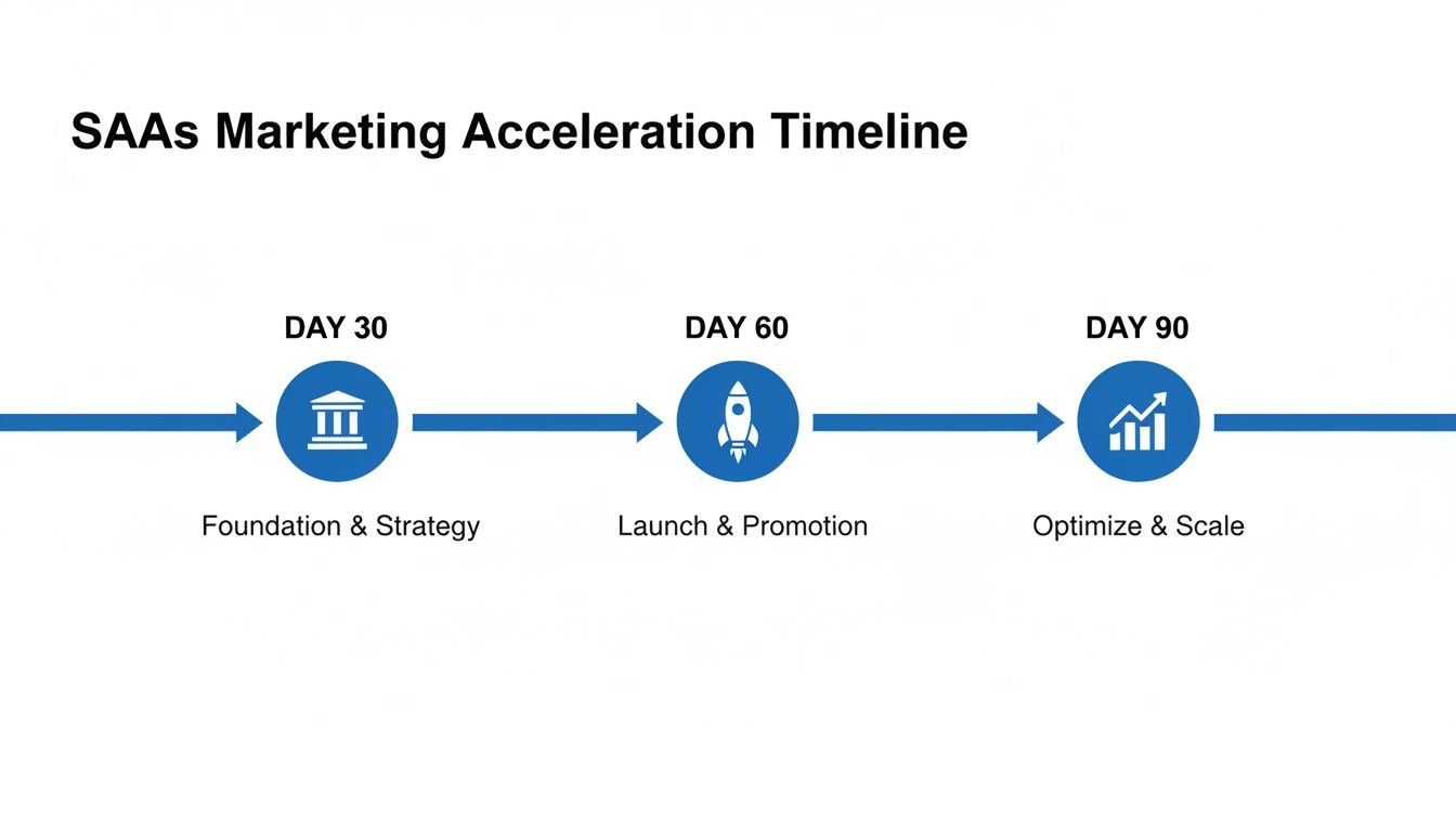 A SaaS marketing acceleration timeline showing three stages: Foundation & Strategy, Launch & Promotion, and Optimize & Scale.