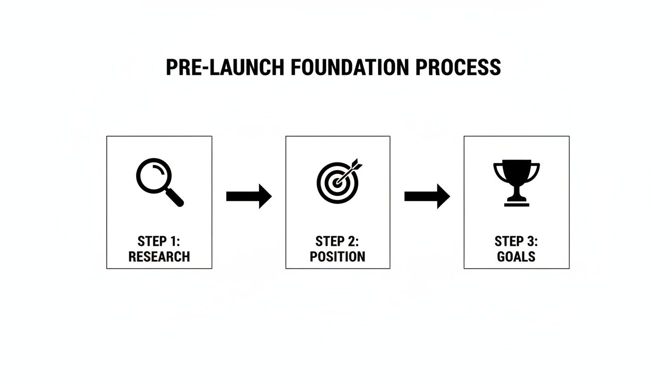 A three-step pre-launch foundation process outlining research, positioning, and goal setting for product success.