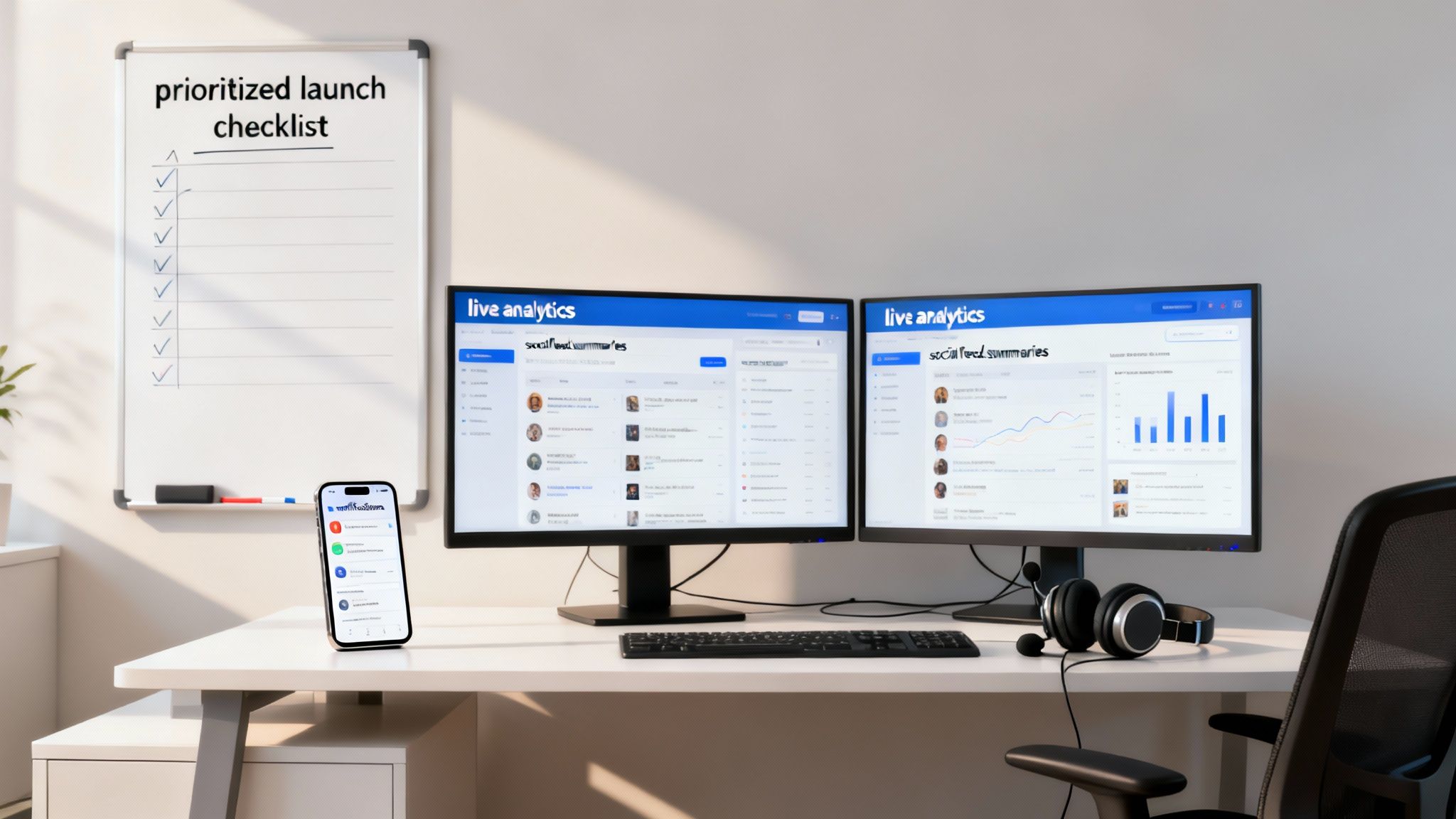 A modern office desk with dual monitors displaying analytics, a launch checklist whiteboard, and a smartphone.