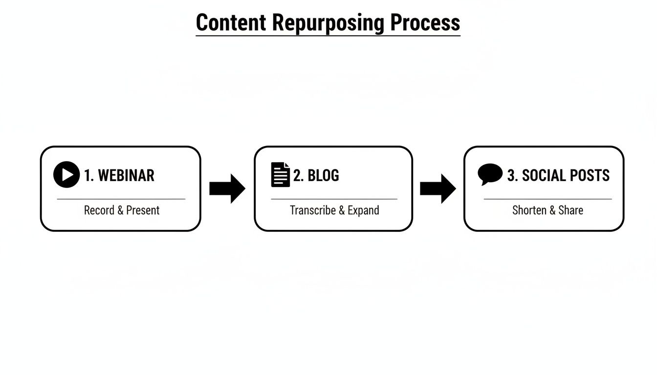 A step-by-step diagram illustrating the content repurposing process from webinar to blog to social posts.