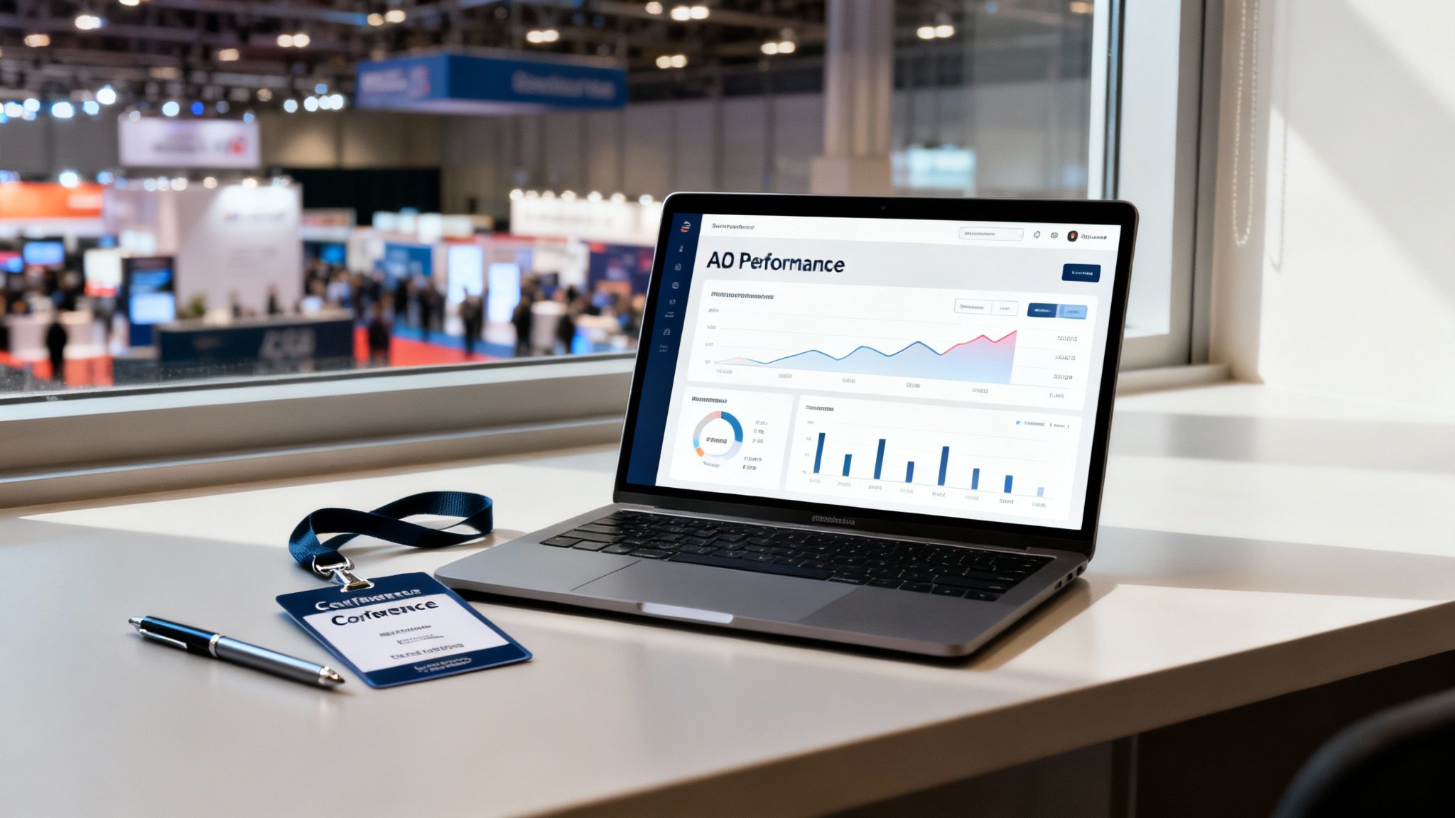 A laptop displaying ad performance data, conference badge, and pen on a desk overlooking a conference hall.