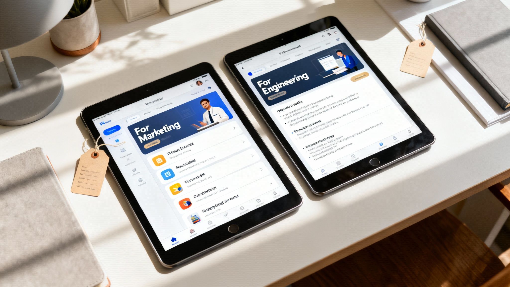 Two tablets on a white desk display educational apps for marketing and engineering, alongside office supplies.