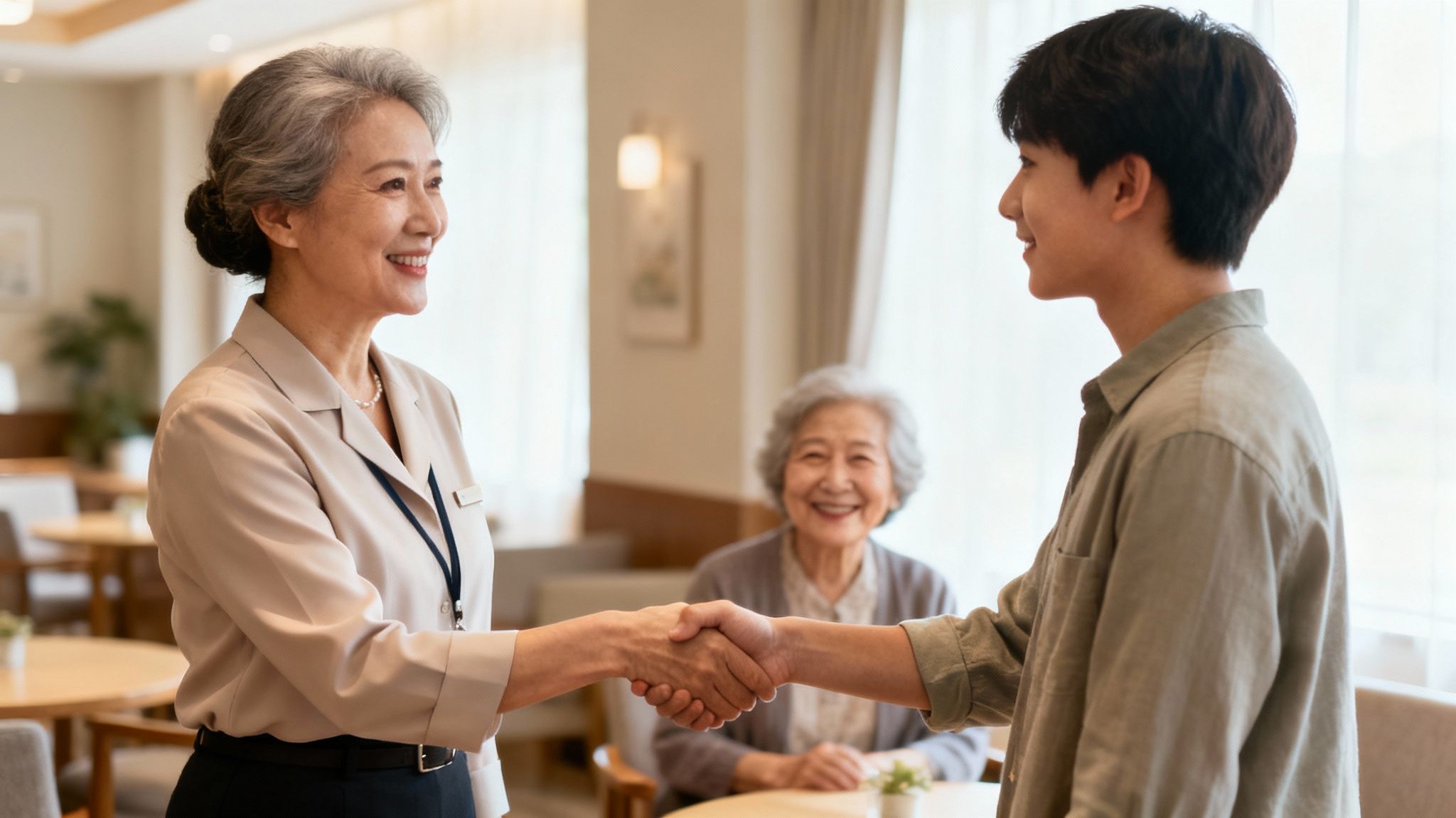 Two smiling people, an older woman and a younger man, shake hands in a bright senior living facility.