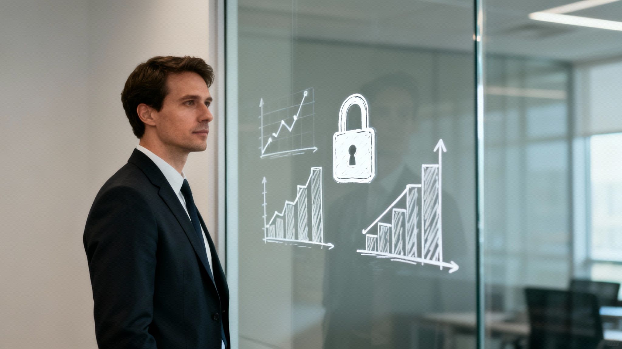 A businessman in a suit looks at a glass partition with cybersecurity and data graphs drawn on it.