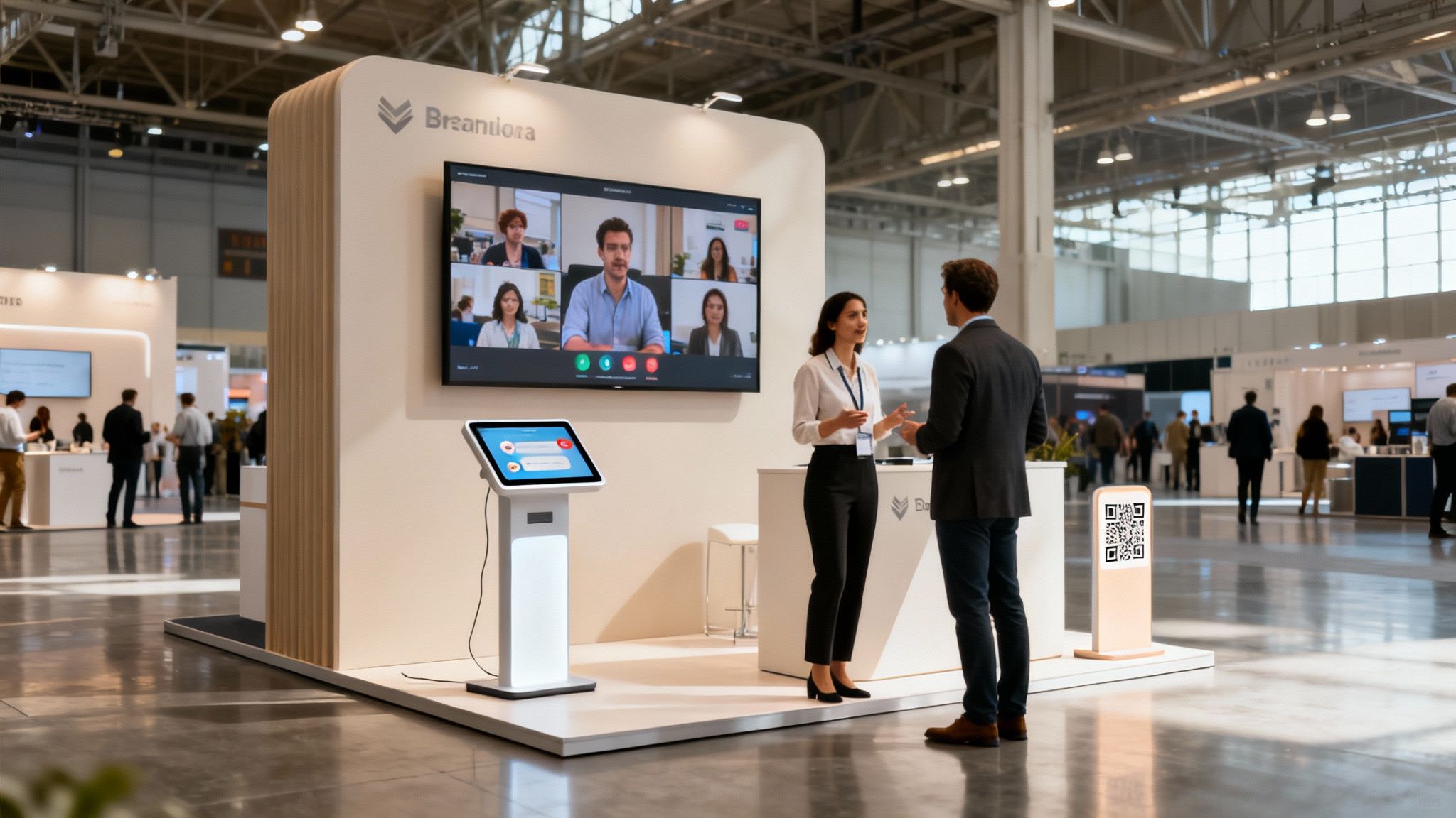 Professionals networking at a modern trade show booth featuring a video conference display and interactive kiosk.