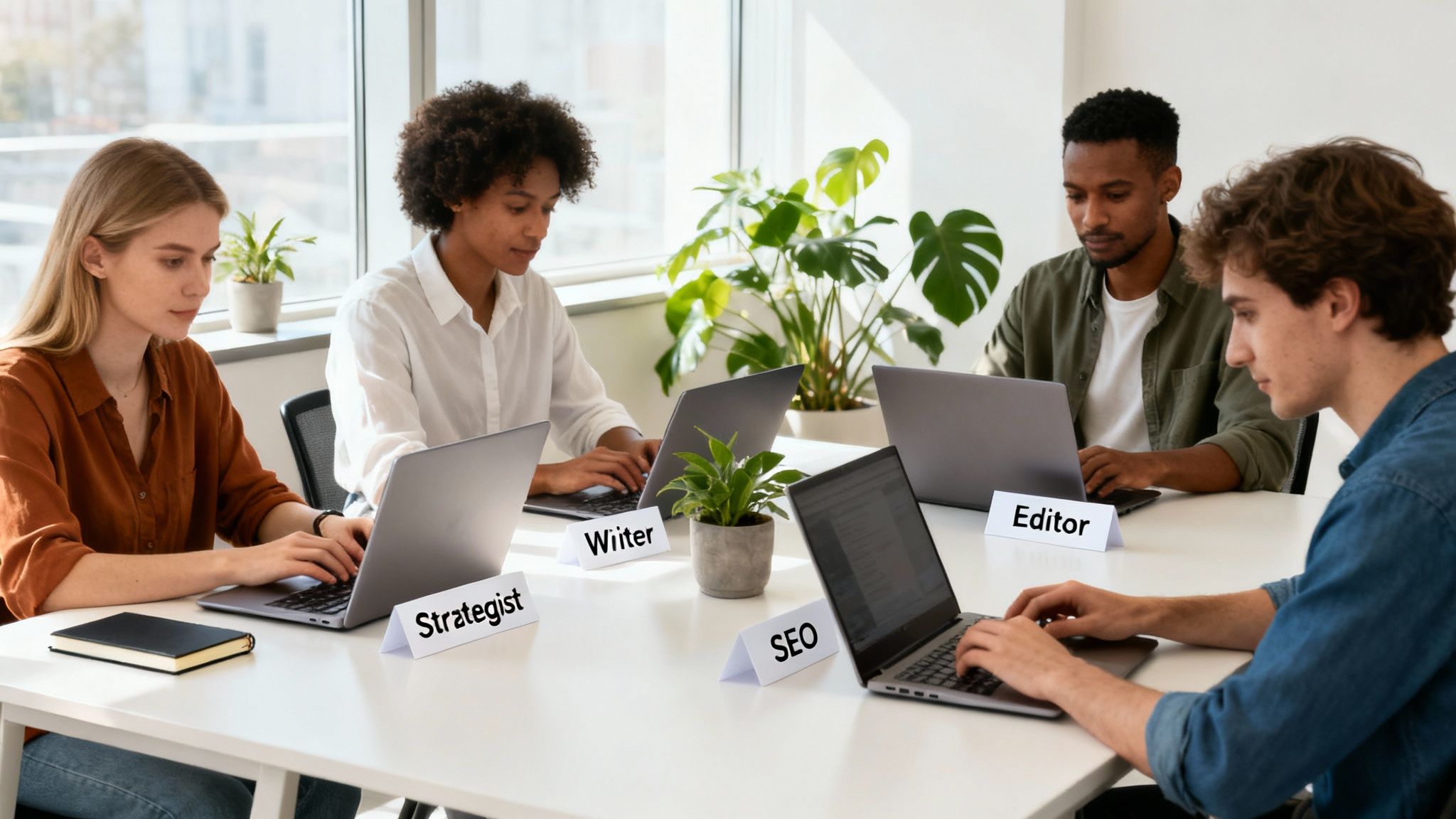 Four diverse professionals, Strategist, Writer, SEO, and Editor, diligently working on their laptops in a bright office.