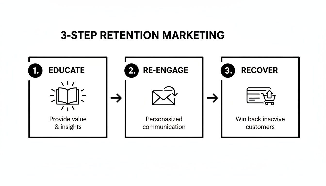 A three-step customer retention marketing strategy infographic detailing educate, re-engage, and recover stages.