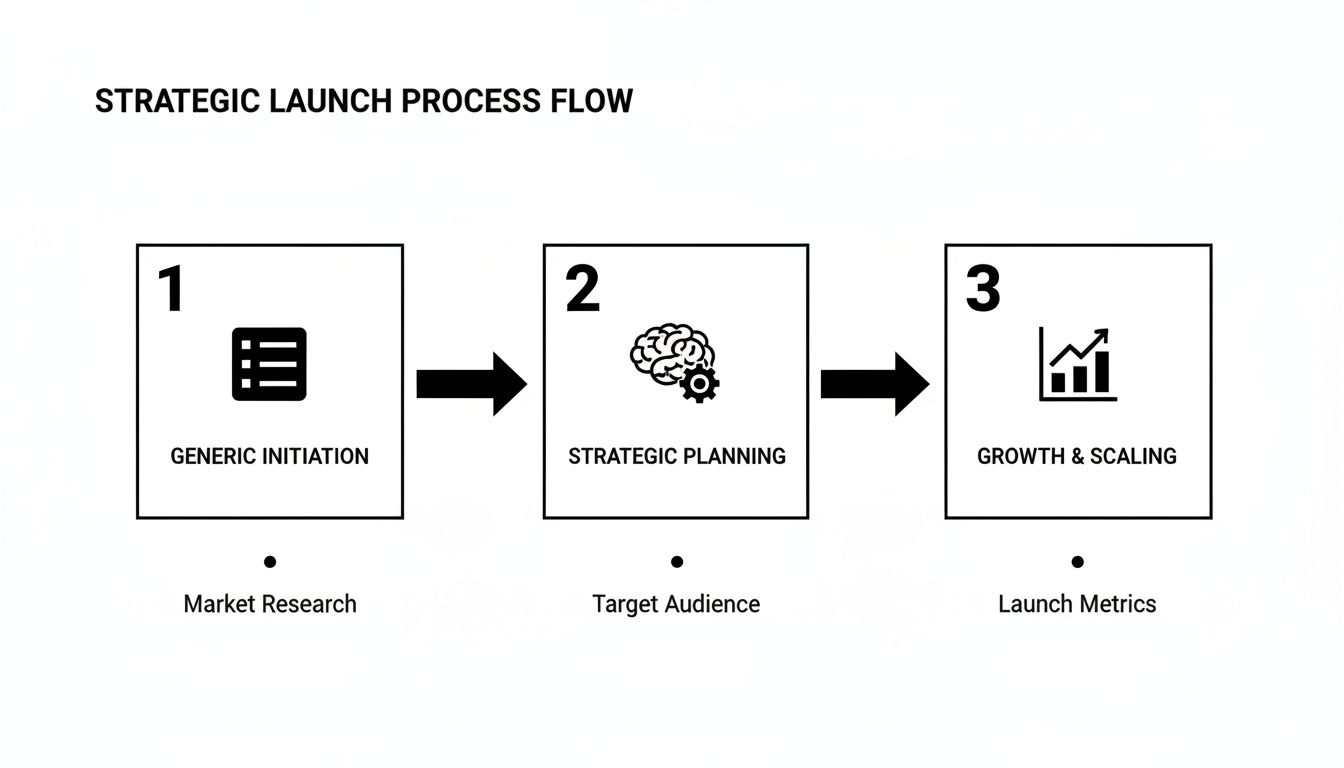 A three-stage strategic product launch process flow showing initiation, planning, and growth with key metrics.