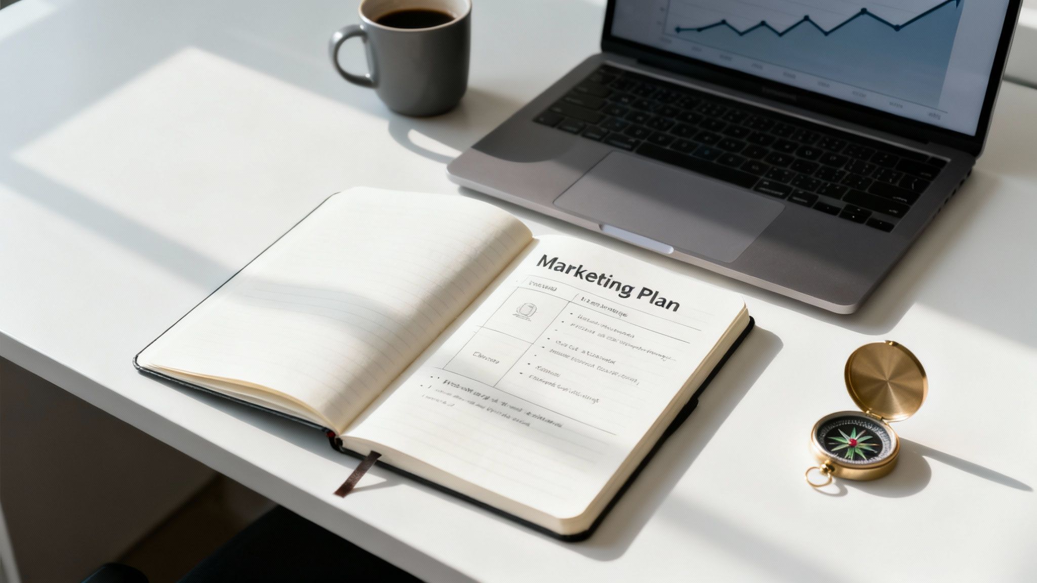 A white desk setup with a laptop showing a graph, an open notebook titled 'Marketing Plan', a coffee cup, and a golden compass.