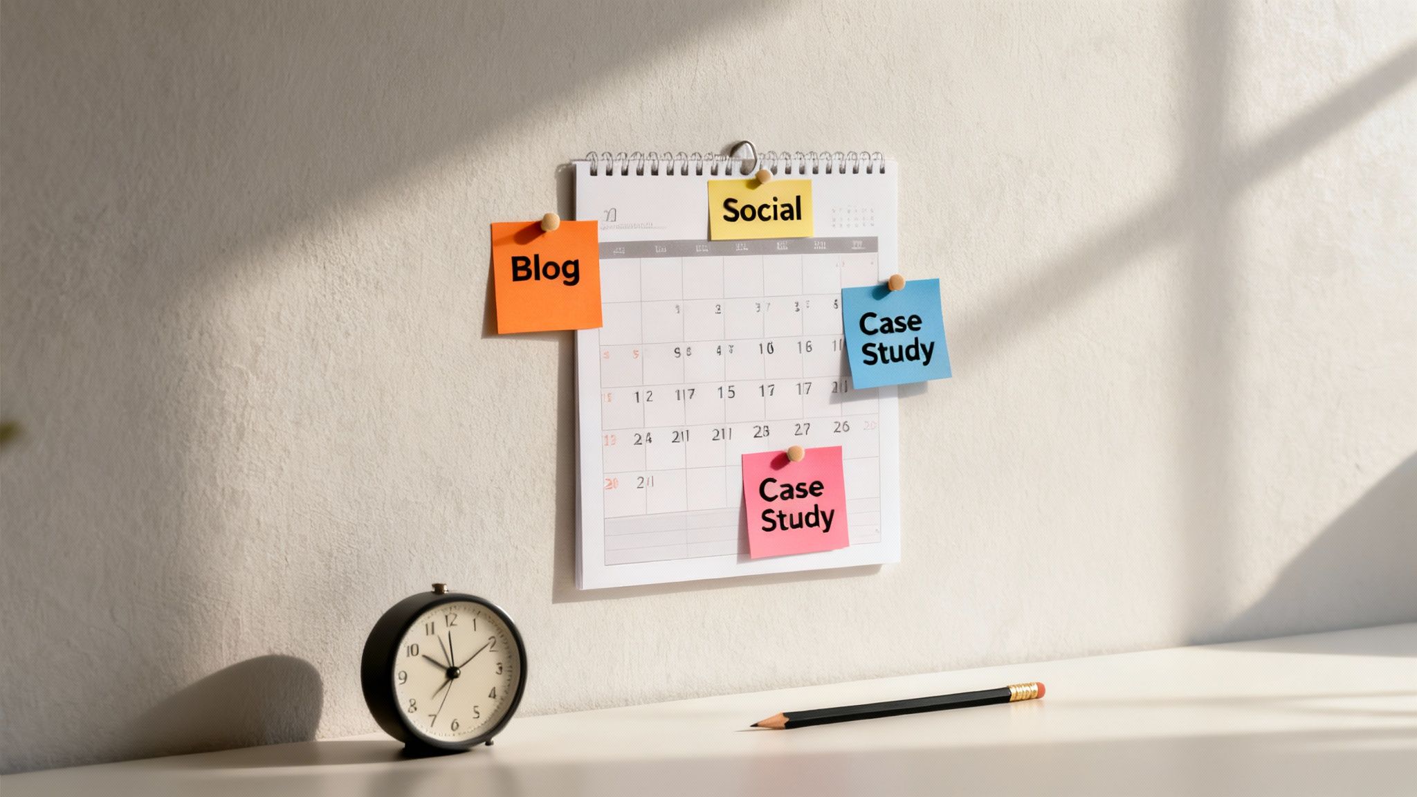 A content calendar on a wall with 'Blog', 'Social', and 'Case Study' sticky notes, a clock and pencil on a desk.