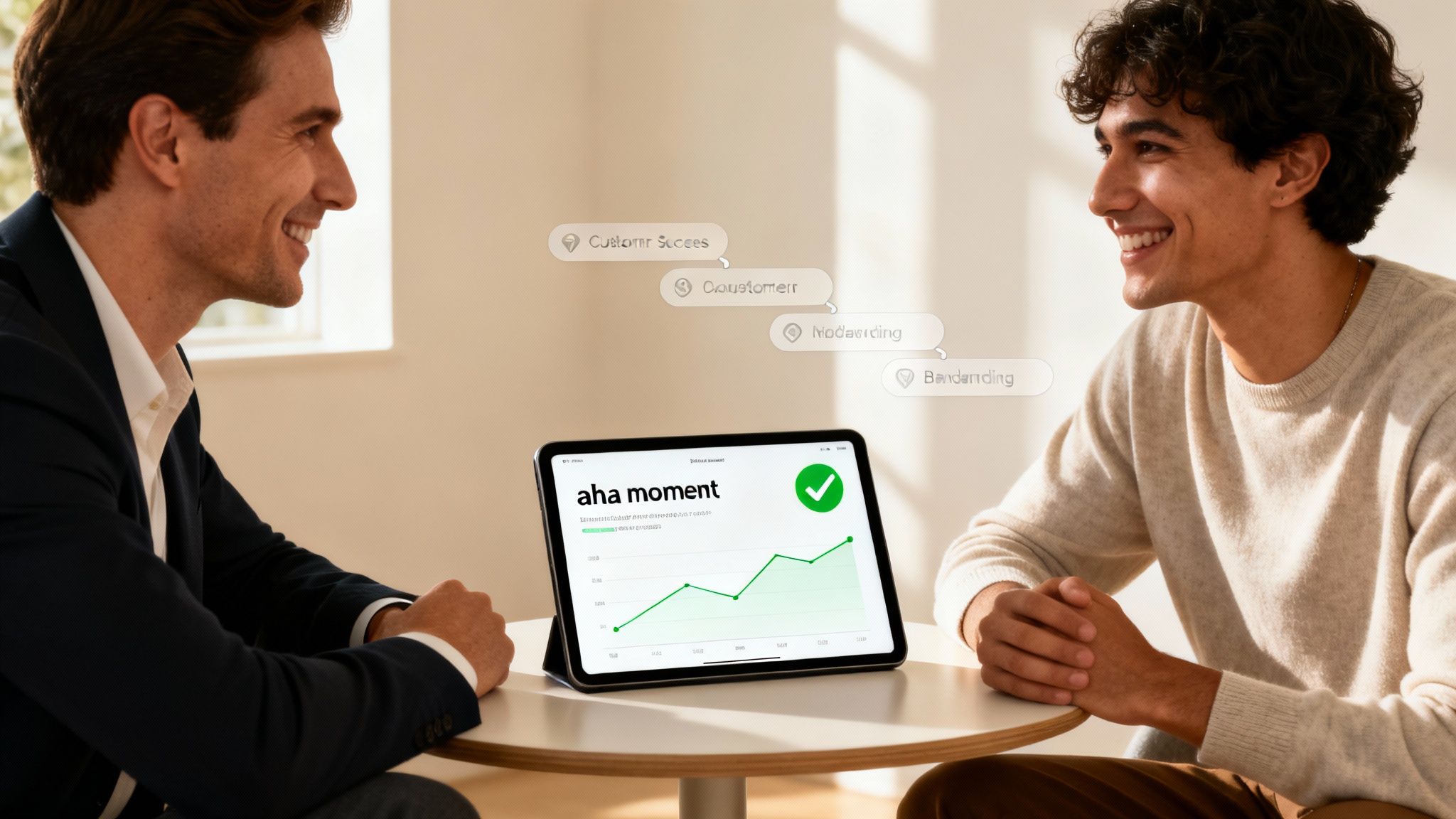 Two smiling men discuss business performance displayed on a tablet showing an "aha moment" graph.