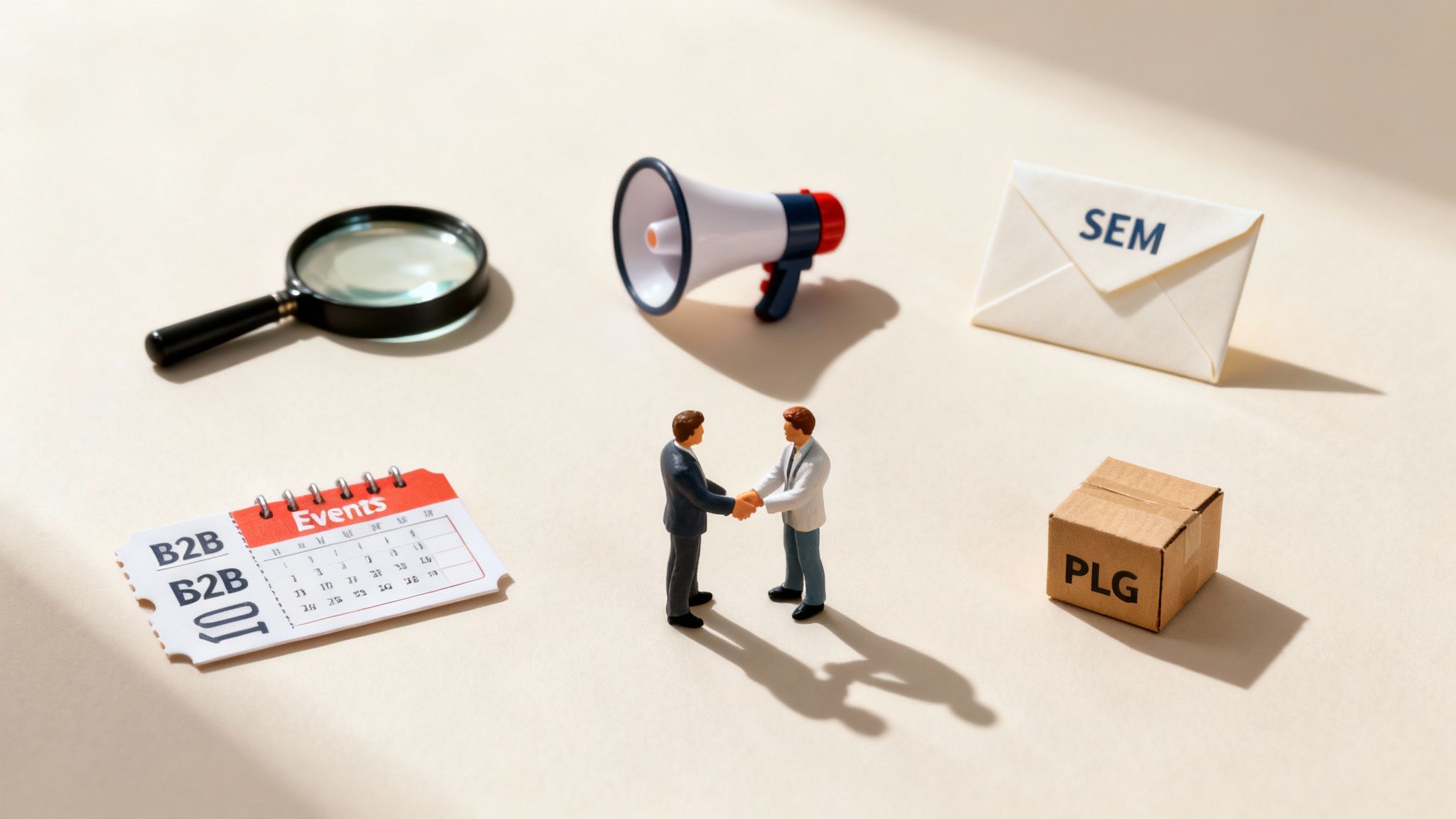 Miniature business figurines shaking hands surrounded by marketing tools like megaphone, calendar, SEM envelope, and PLG box.