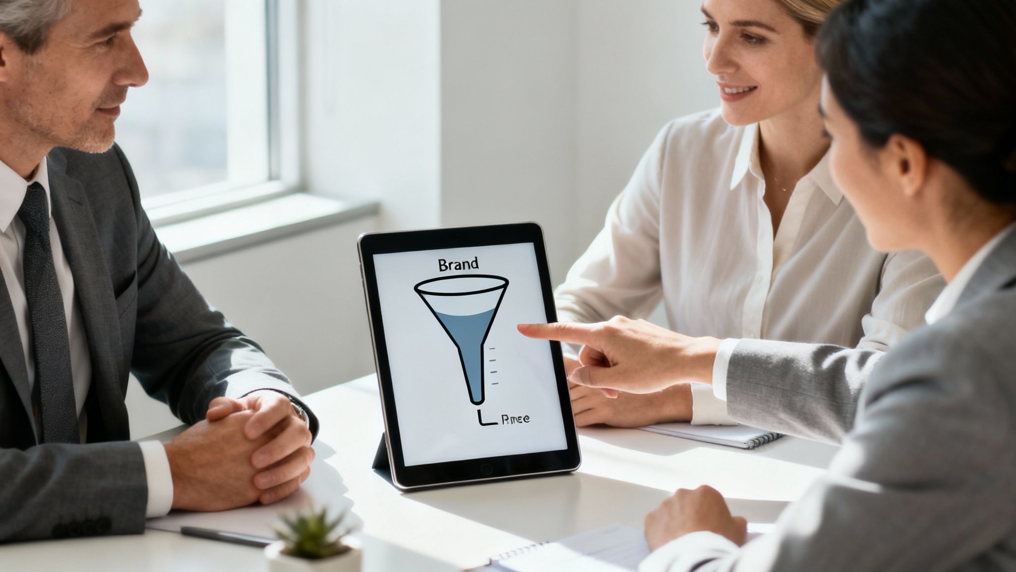 Business professionals discuss a marketing funnel on a tablet during a meeting, pointing at the screen.