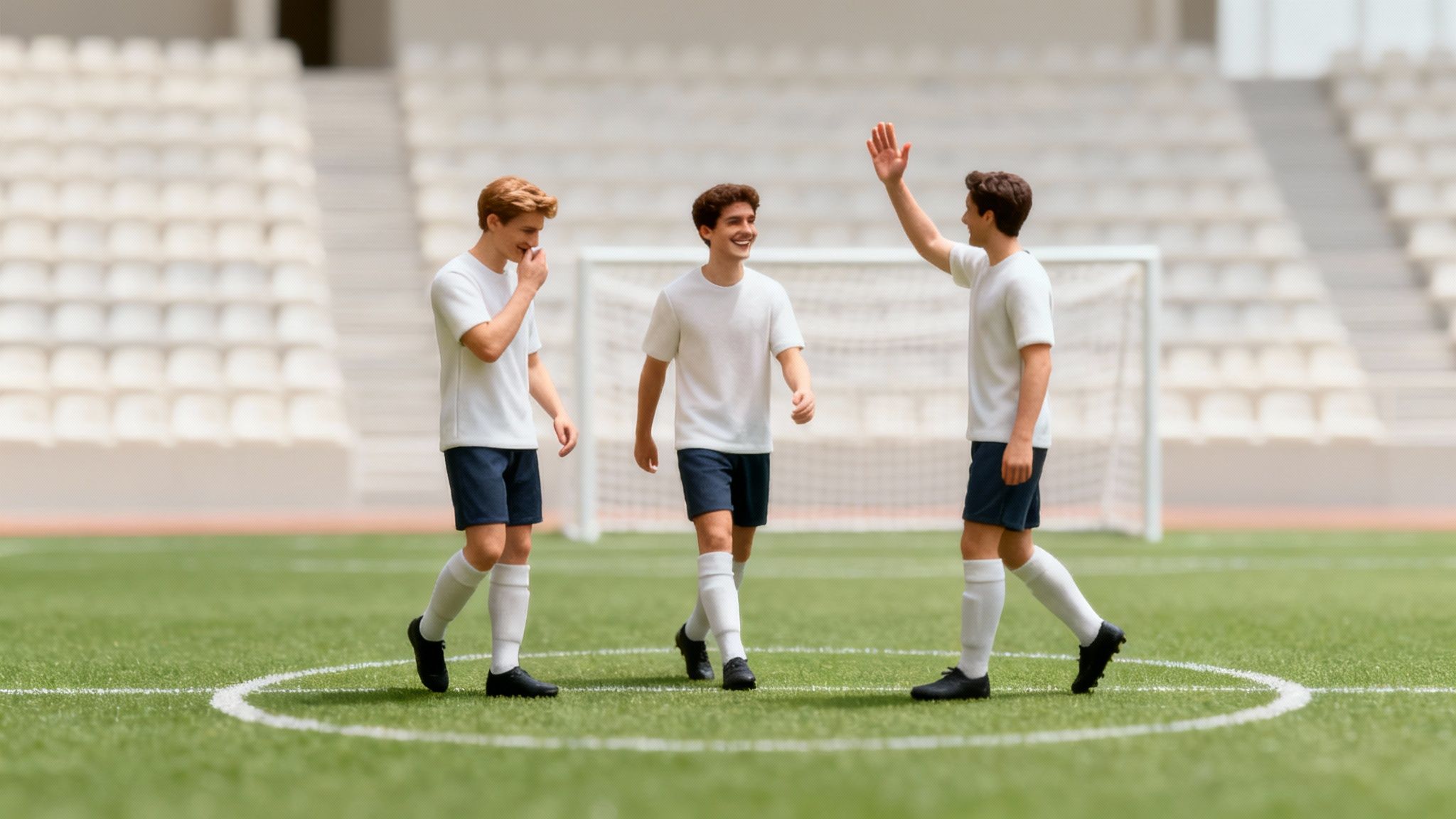 Three smiling young soccer players in uniform on a green field, one giving a high-five.