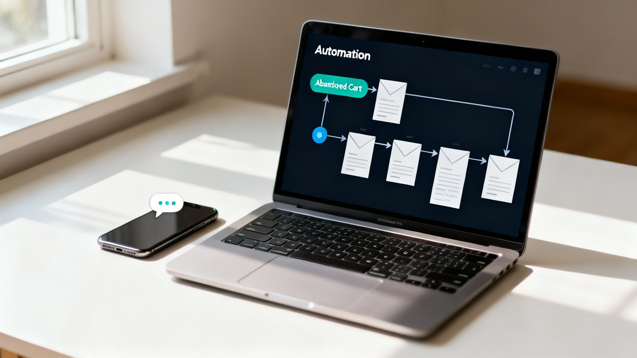 Laptop displaying an email automation flow for abandoned carts with multiple email steps, next to a smartphone.