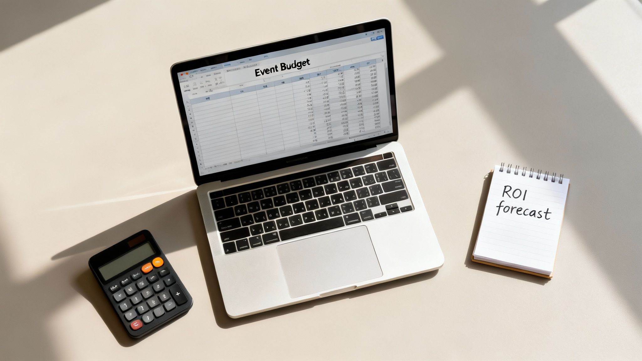 A person working on a laptop with charts and graphs, indicating financial planning for an event.