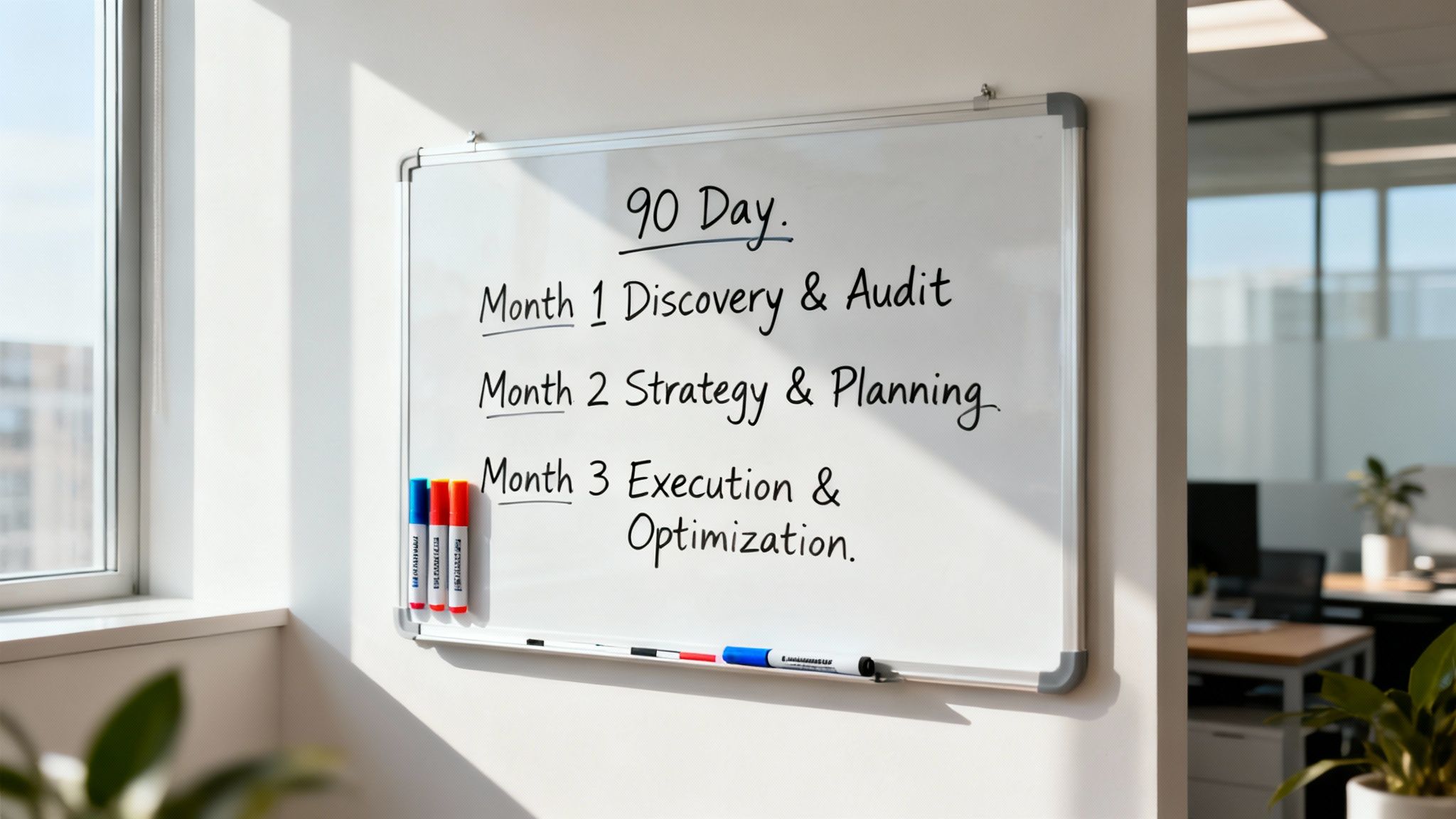 Whiteboard displaying 90-day strategic business plan with three monthly phases for marketing execution