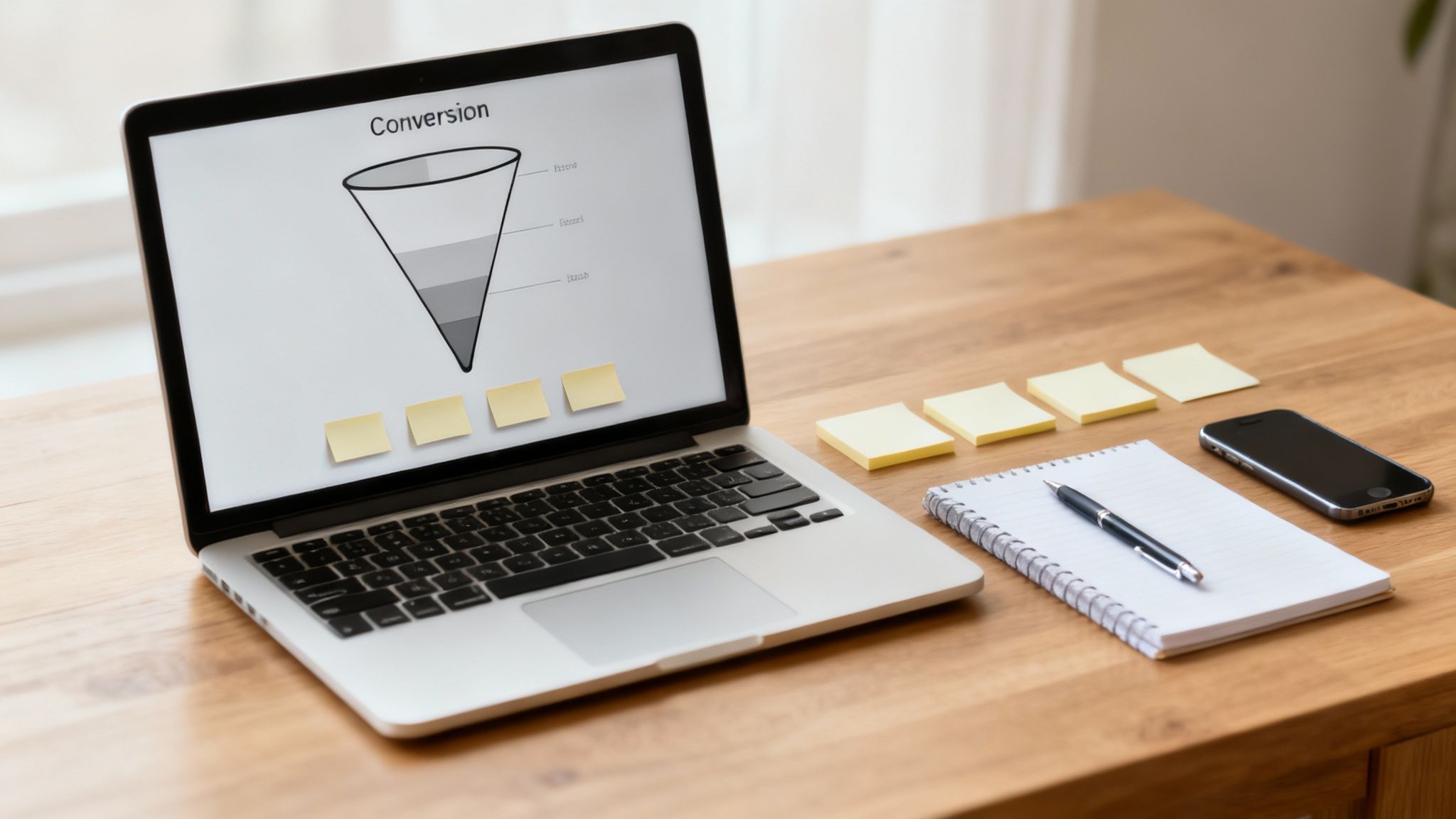A laptop displays a conversion funnel on its screen, surrounded by sticky notes, a notebook, and a smartphone on a wooden desk.