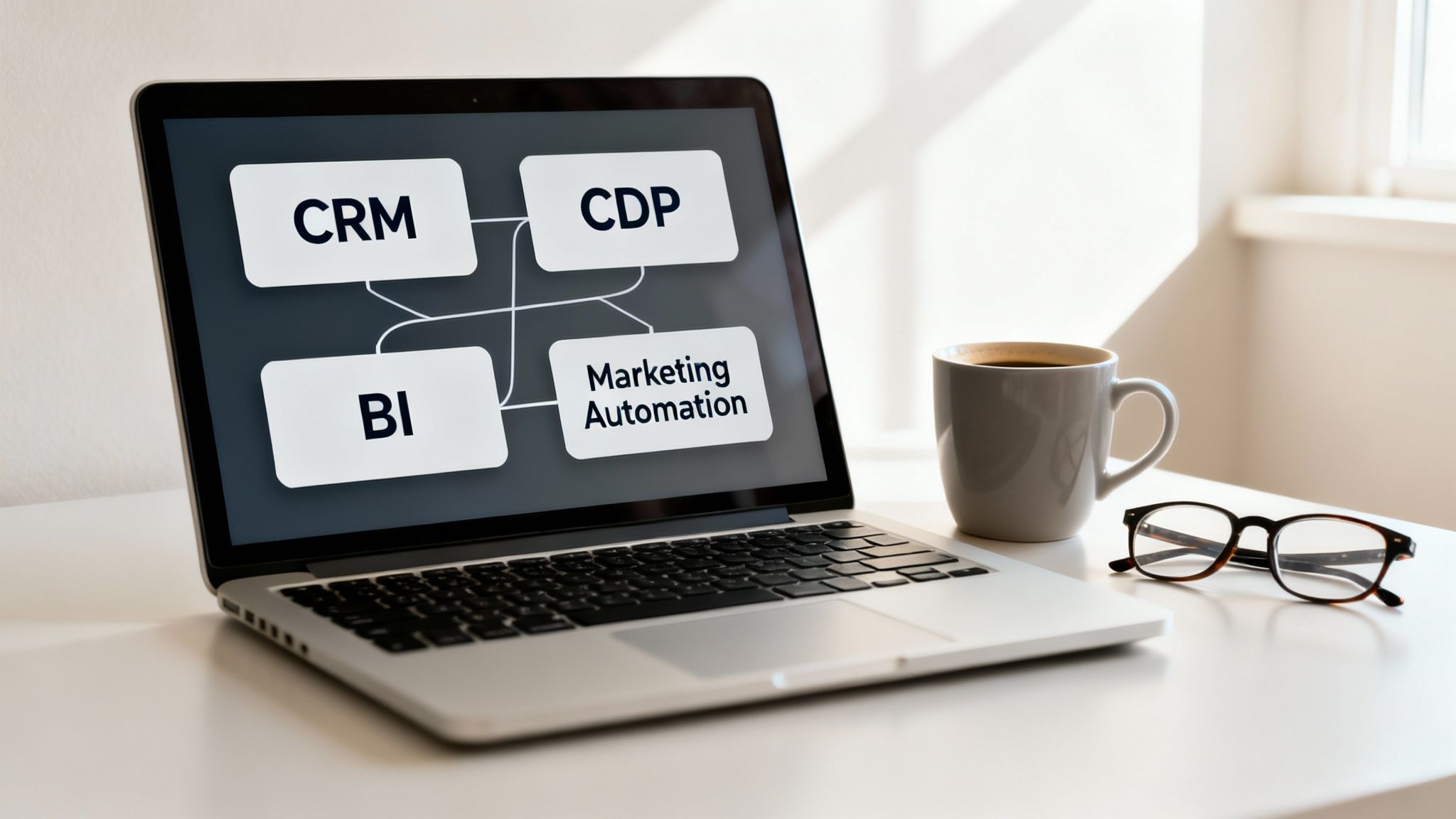Laptop showing a marketing effectiveness diagram with CRM, CDP, BI, and Marketing Automation, next to a coffee mug and glasses.