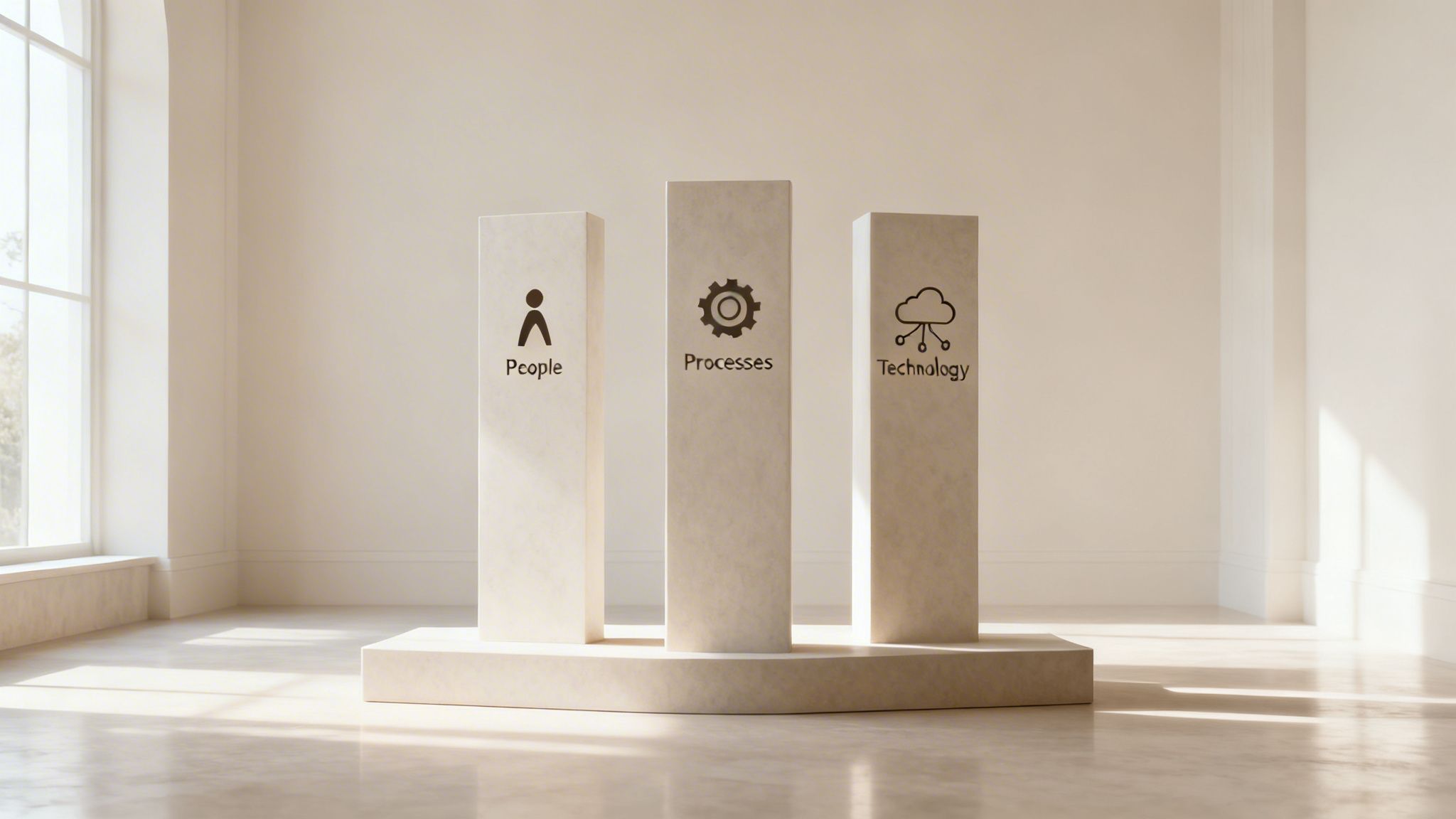 Three conceptual pillars on a pedestal illustrating People, Processes, and Technology elements.