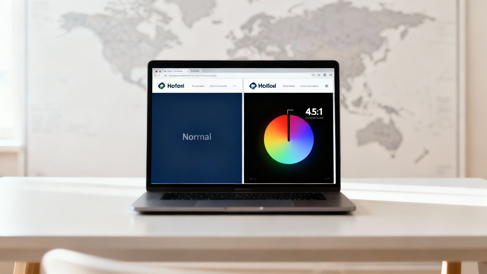 A laptop on a white desk displays a web page featuring color theory, a color wheel, and a dark blue panel.