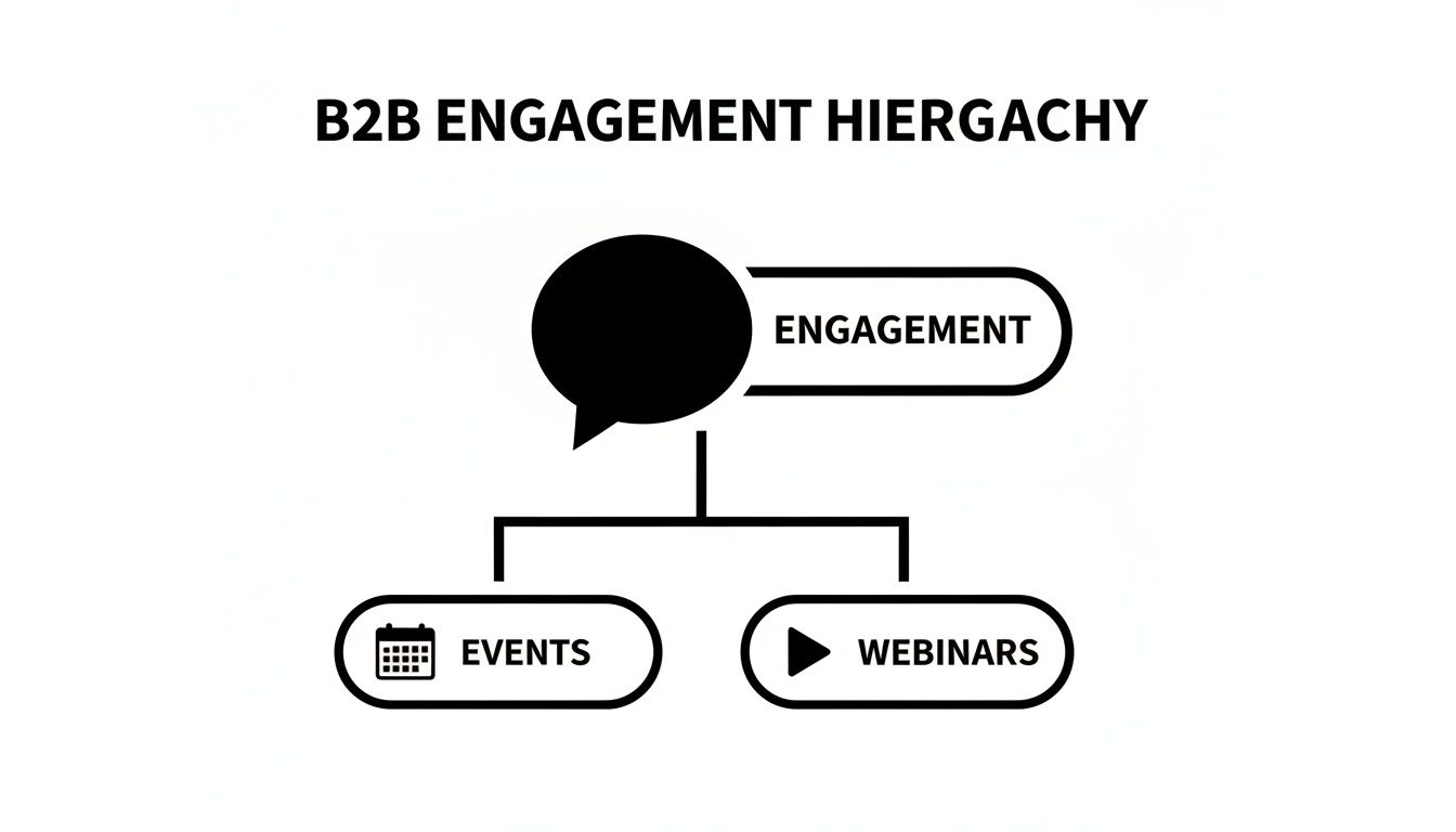Diagram showing B2B engagement hierarchy with 'Engagement' at the top, leading to 'Events' and 'Webinars'.